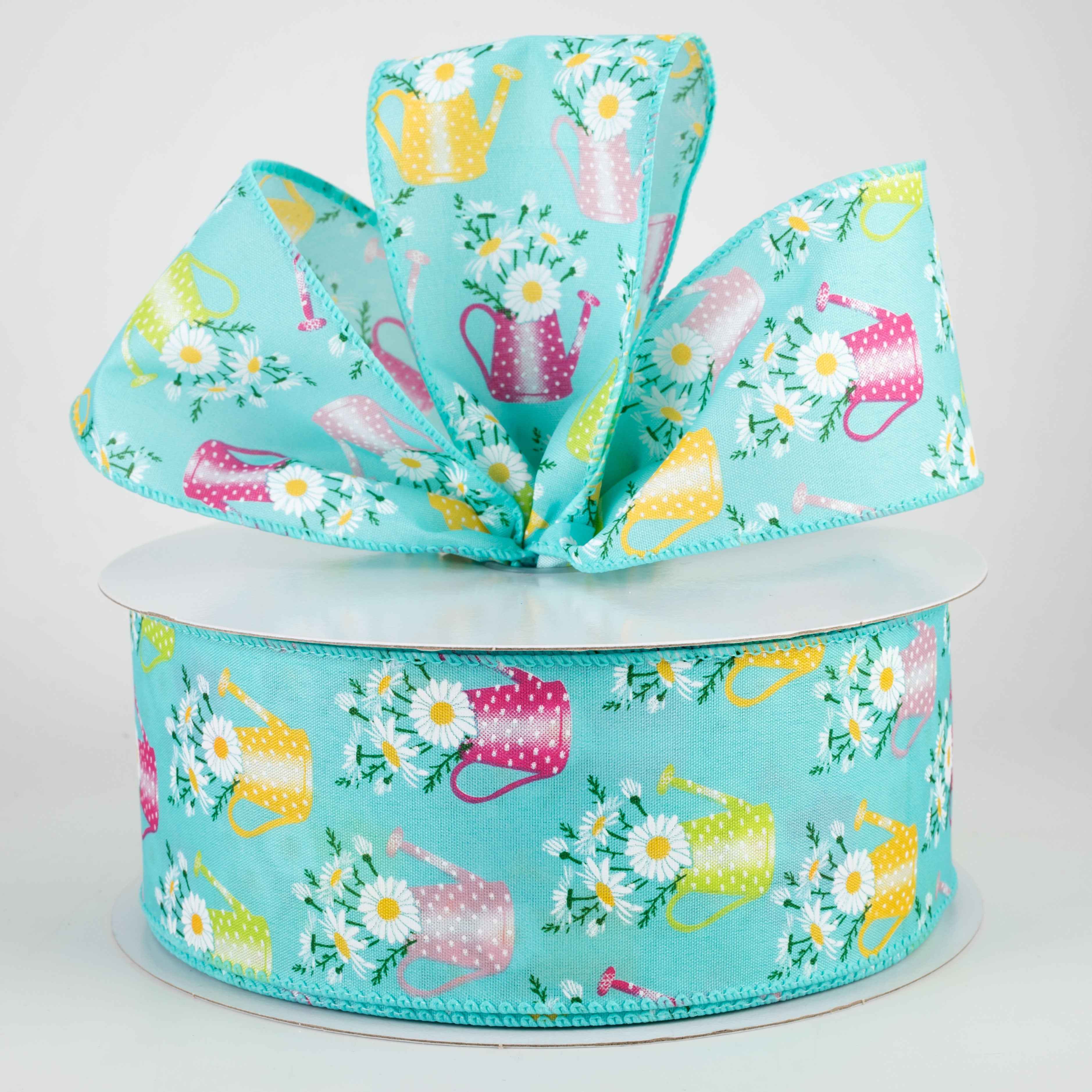 2.5" Flower Filled Watering Can Ribbon: Aqua (50 Yards)