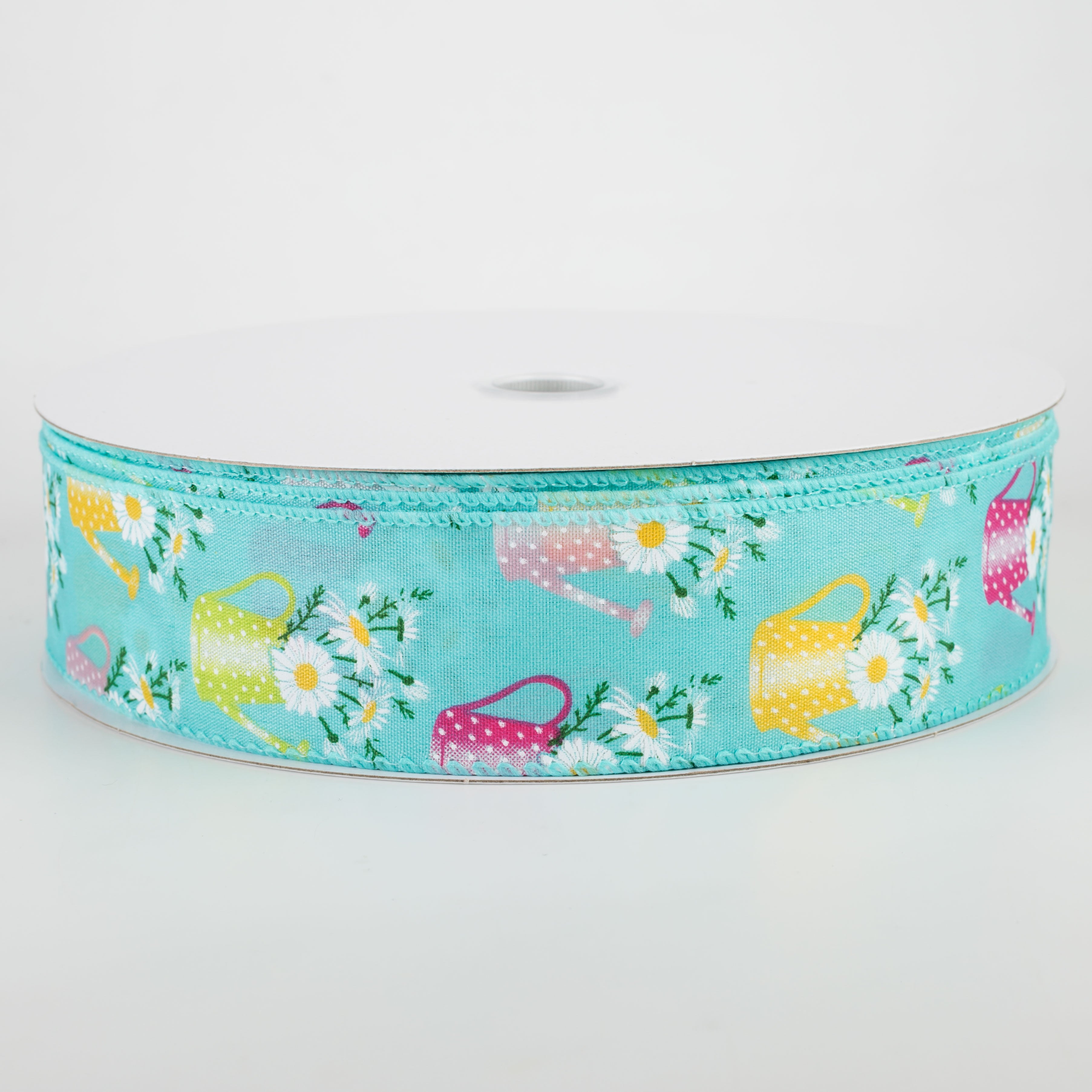 1.5" Flower Filled Watering Can Ribbon: Aqua (50 Yards)
