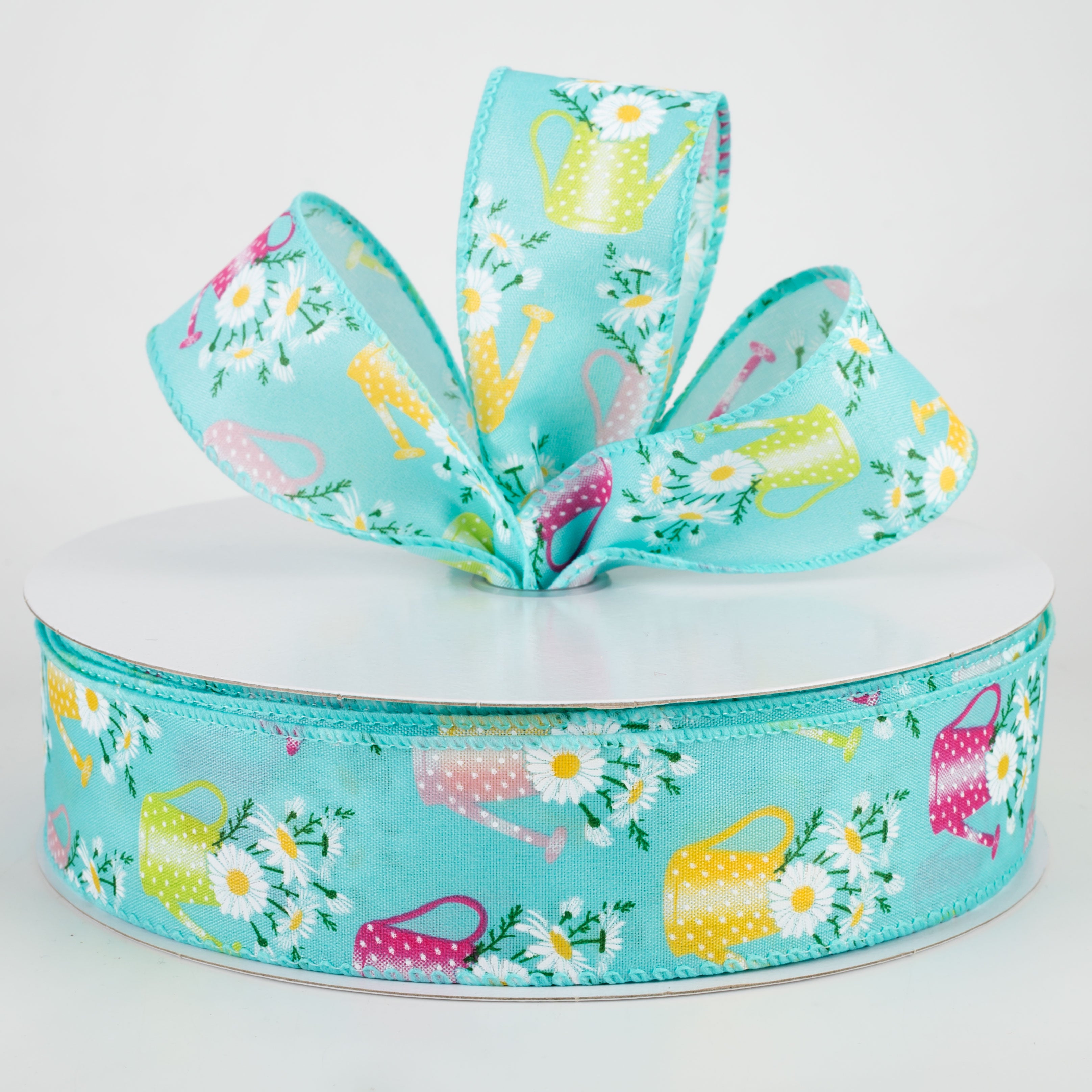 1.5" Flower Filled Watering Can Ribbon: Aqua (50 Yards)