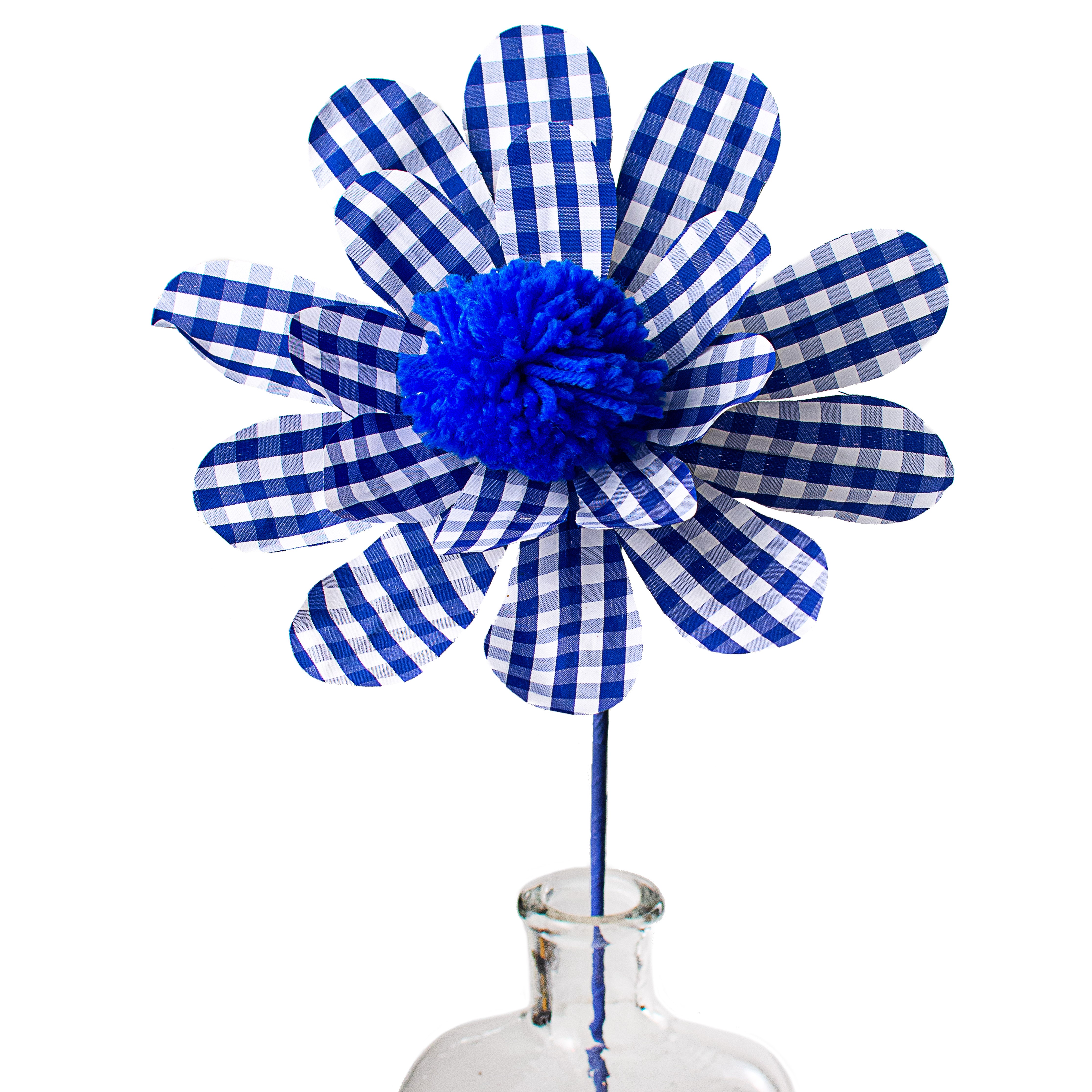 24" Gingham Sunflower Pick: Blue & White