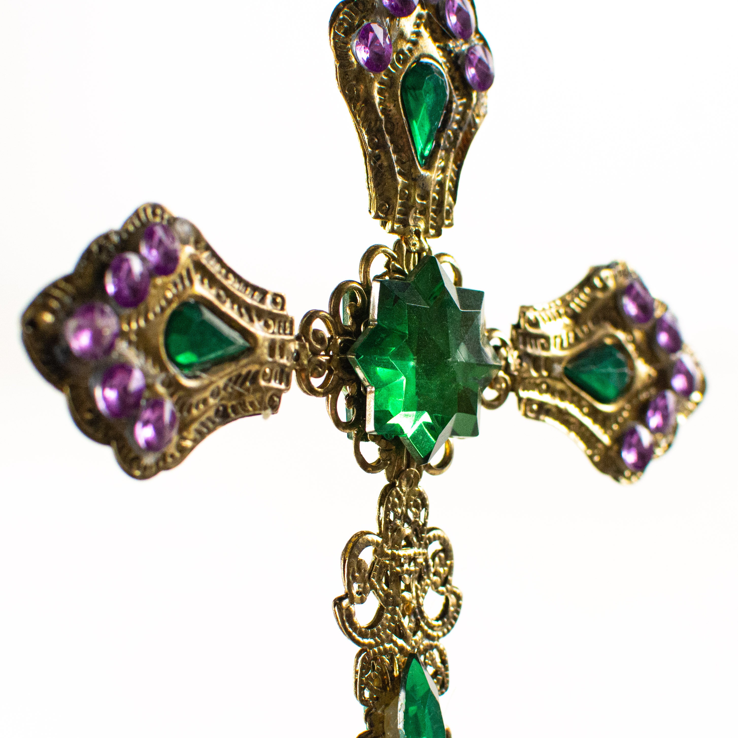 6" Gold Cross Ornament With Green & Purple Jewels