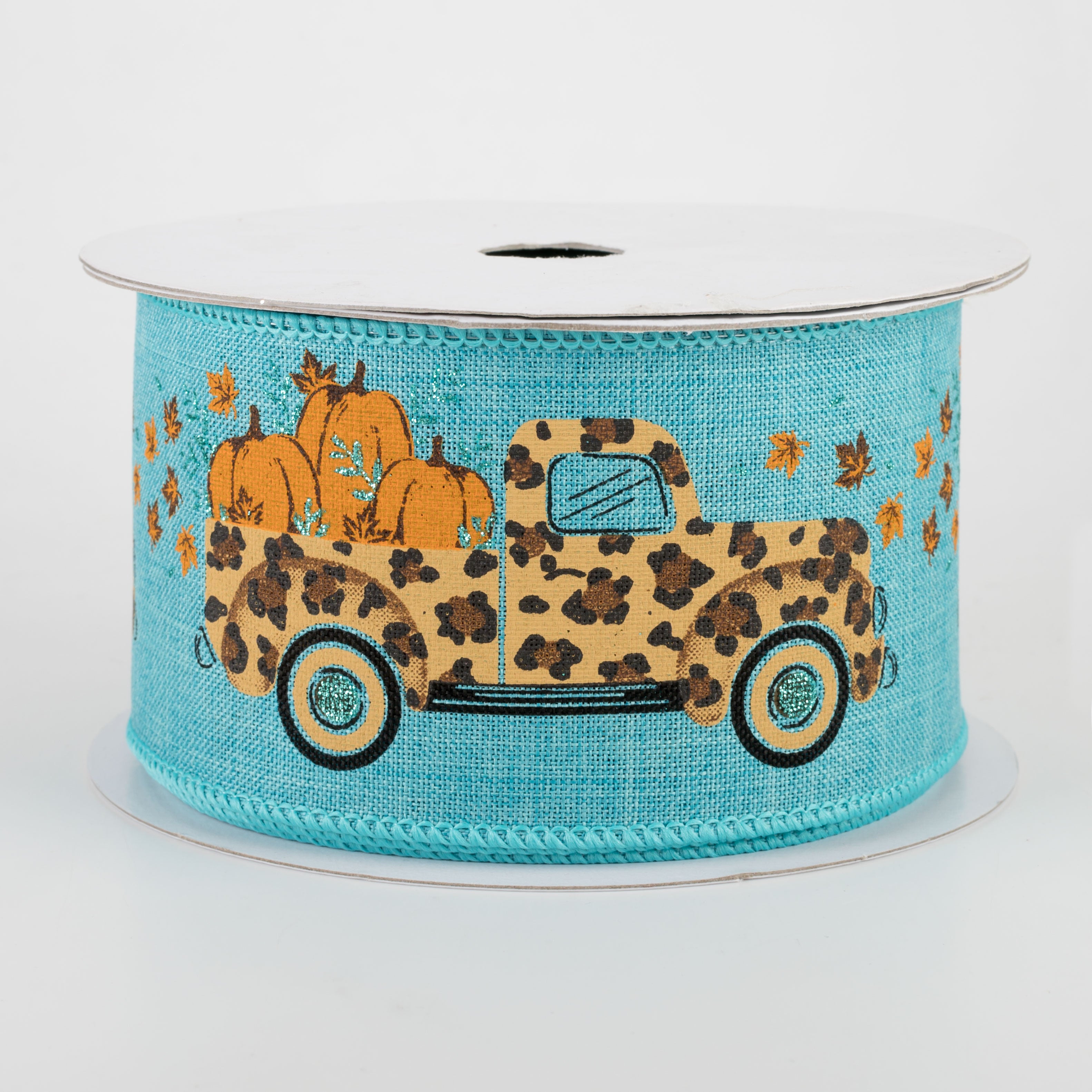 2.5" Leopard Truck With Pumpkins Ribbon: Teal (10 Yards)