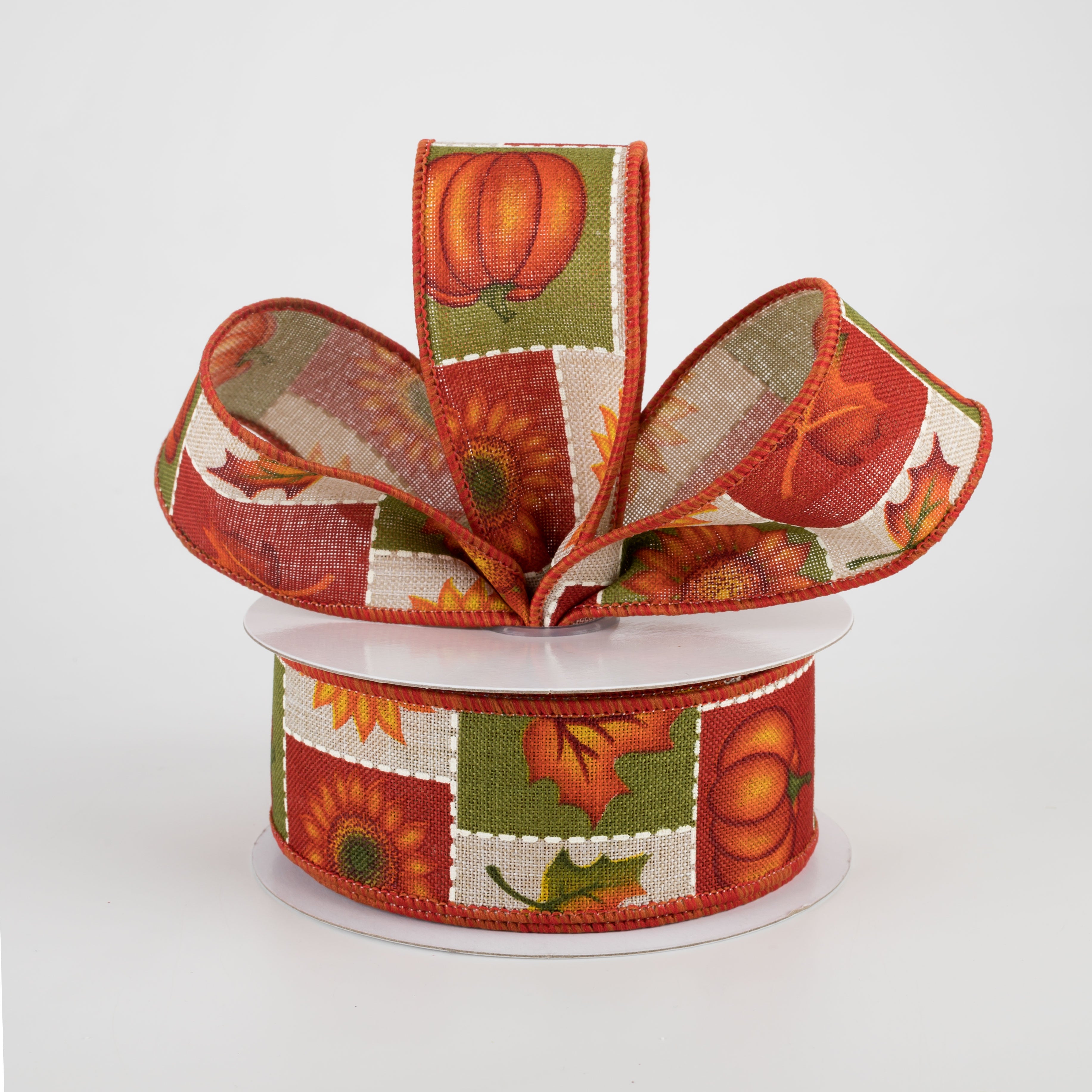 1.5" Pumpkin, Sunflower, Maple Leaf Patchwork Ribbon: Natural (10 Yards)