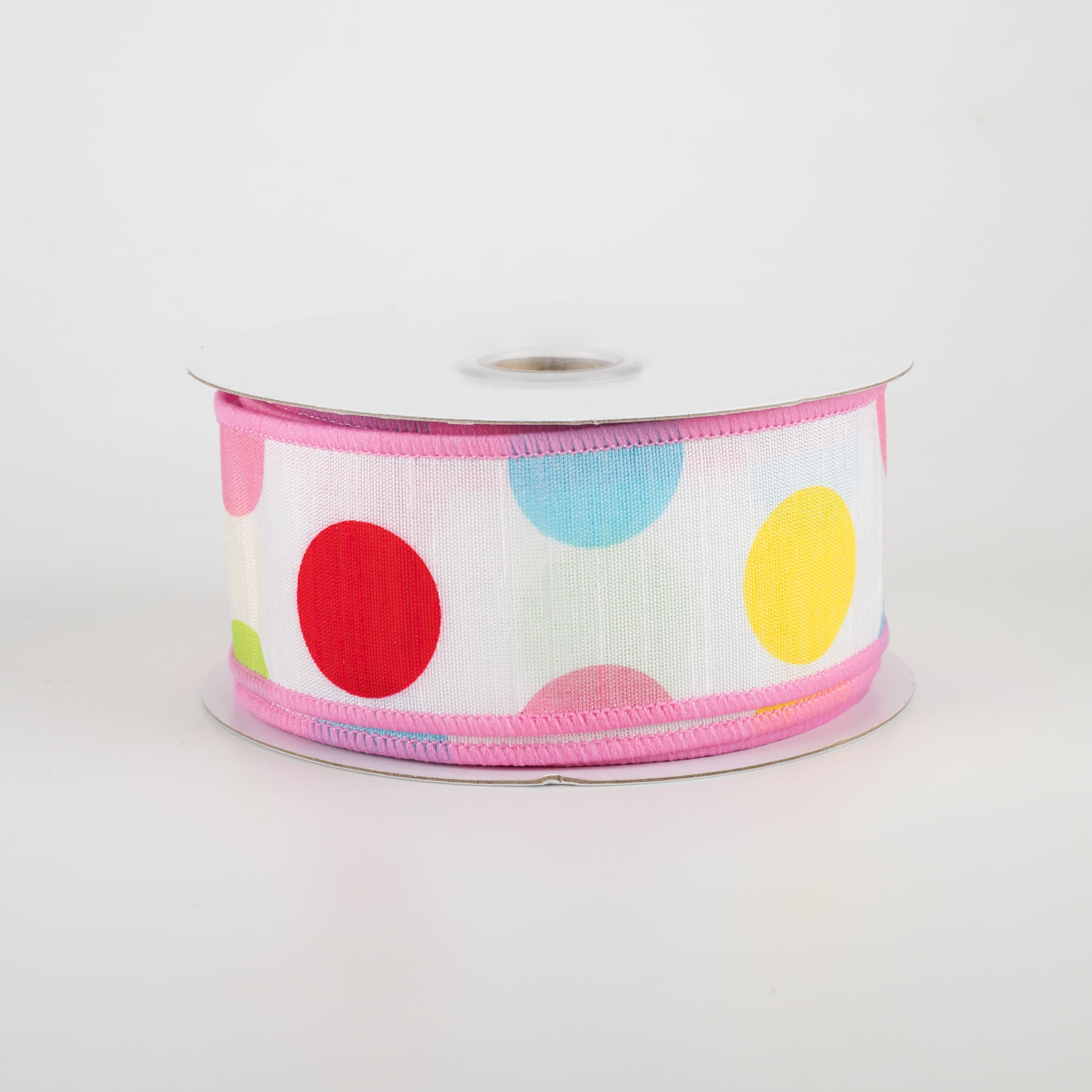 1.5" Multi Color Polka Dots Faux Dupioni Ribbon: White With Pink (10 Yards)