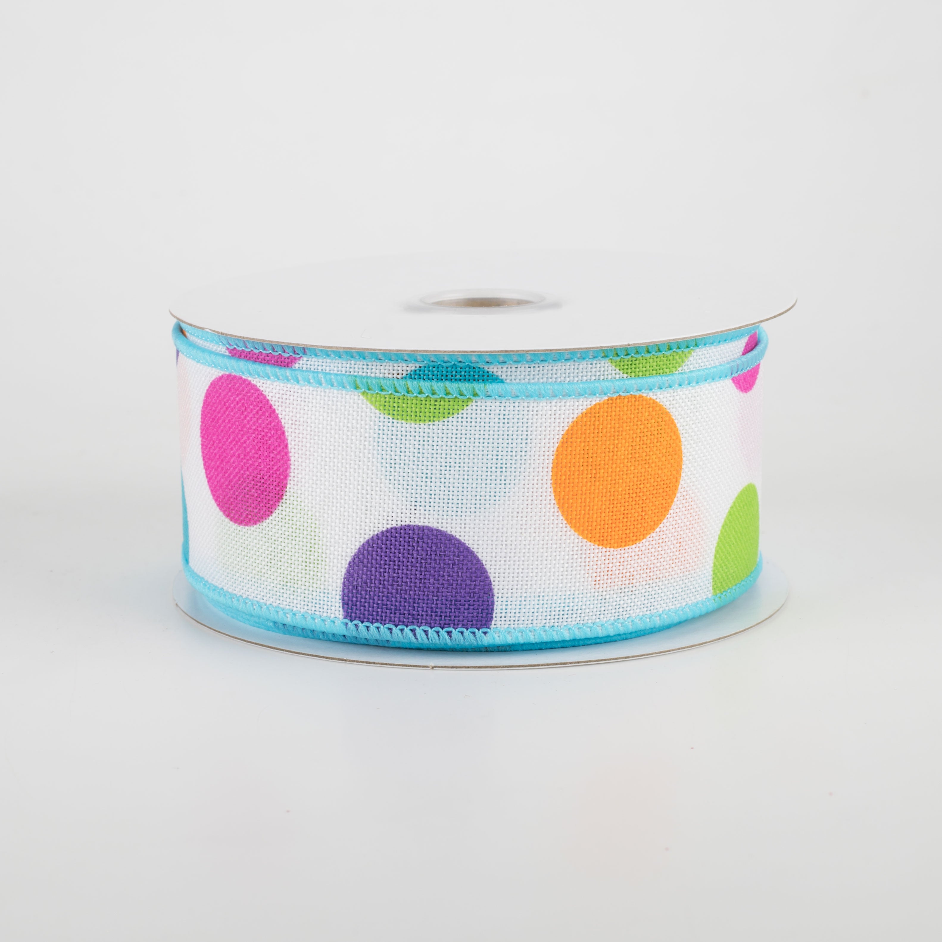 1.5" Multi Color Polka Dots Ribbon: White With Turquoise (10 Yards)