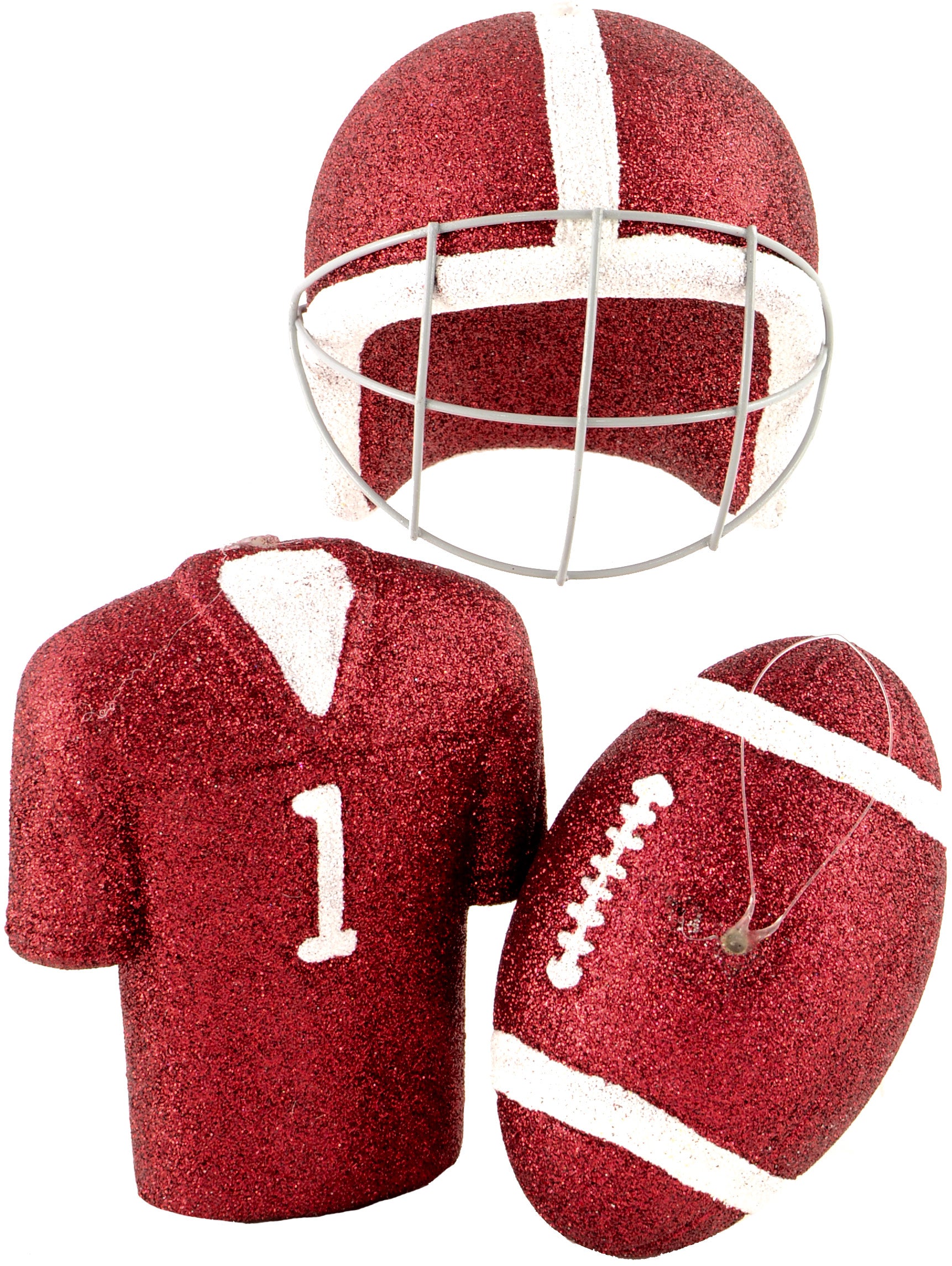 Glitter Football Ornament Assortment: Crimson & White (Set of 3)