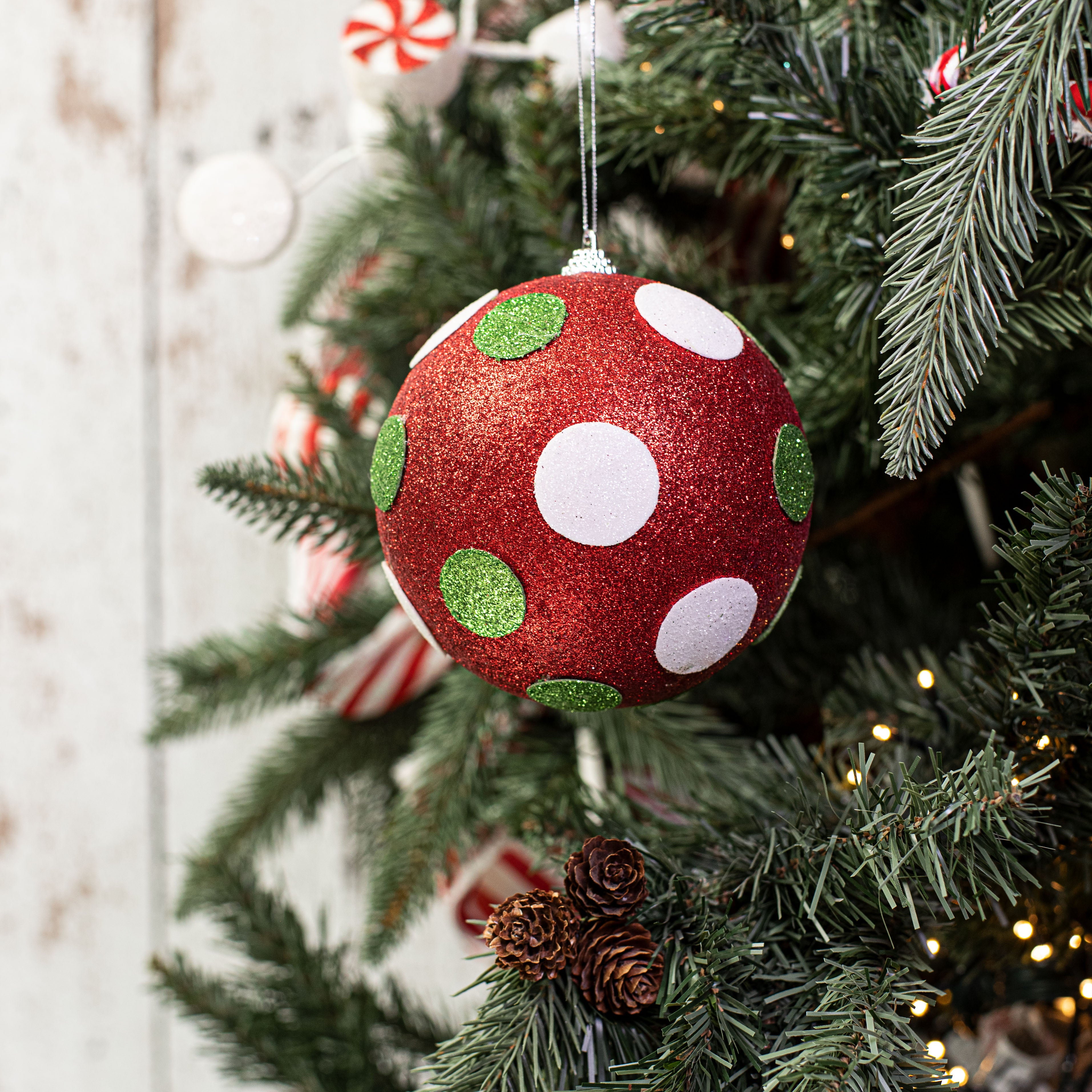 5" Polka Dot Ball Ornament: Red, Lime, White