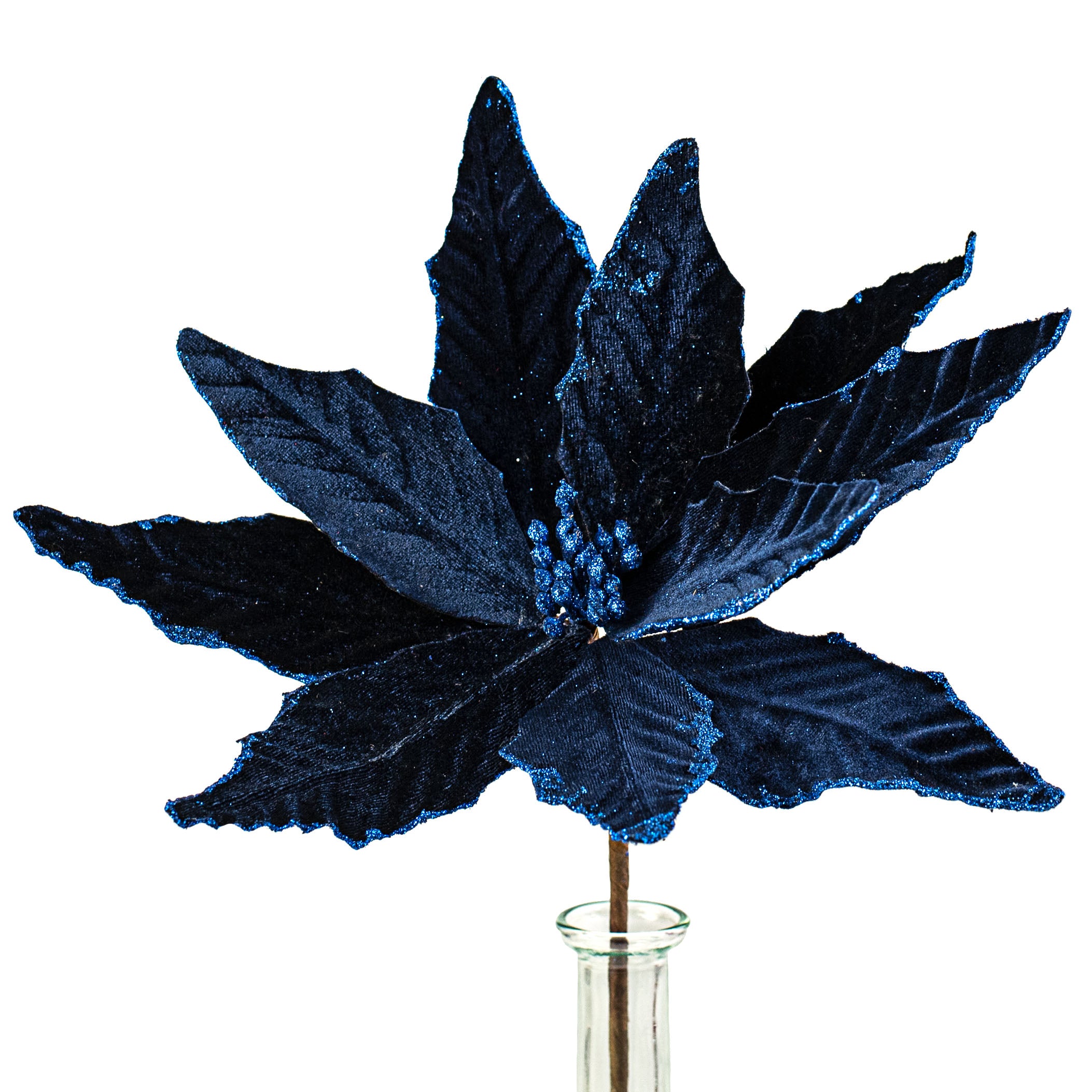15" Pointy Velvet Poinsettia Pick: Navy Blue