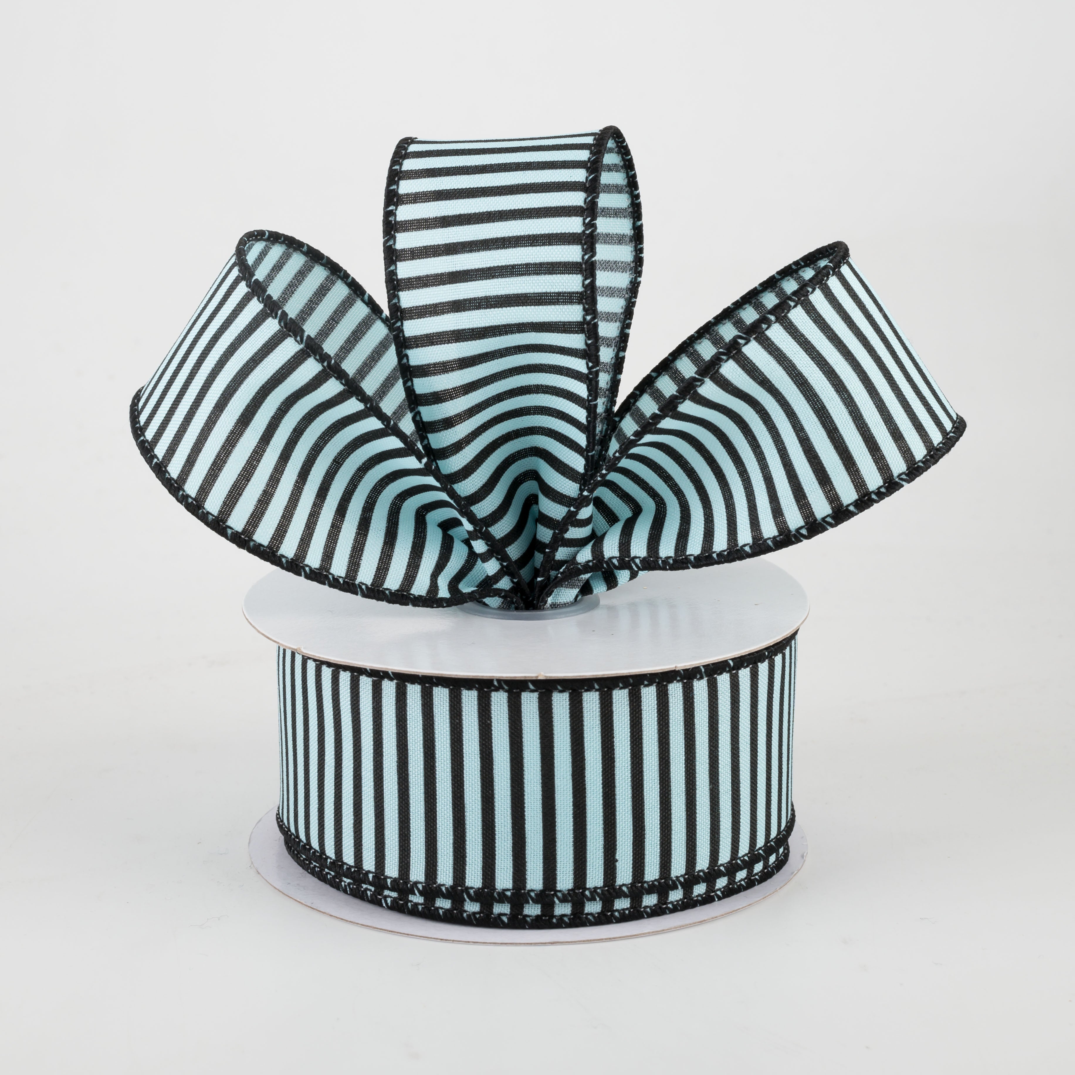 1.5" Horizontal Thin Stripes Ribbon: Soft Turquoise & Black (10 Yards)