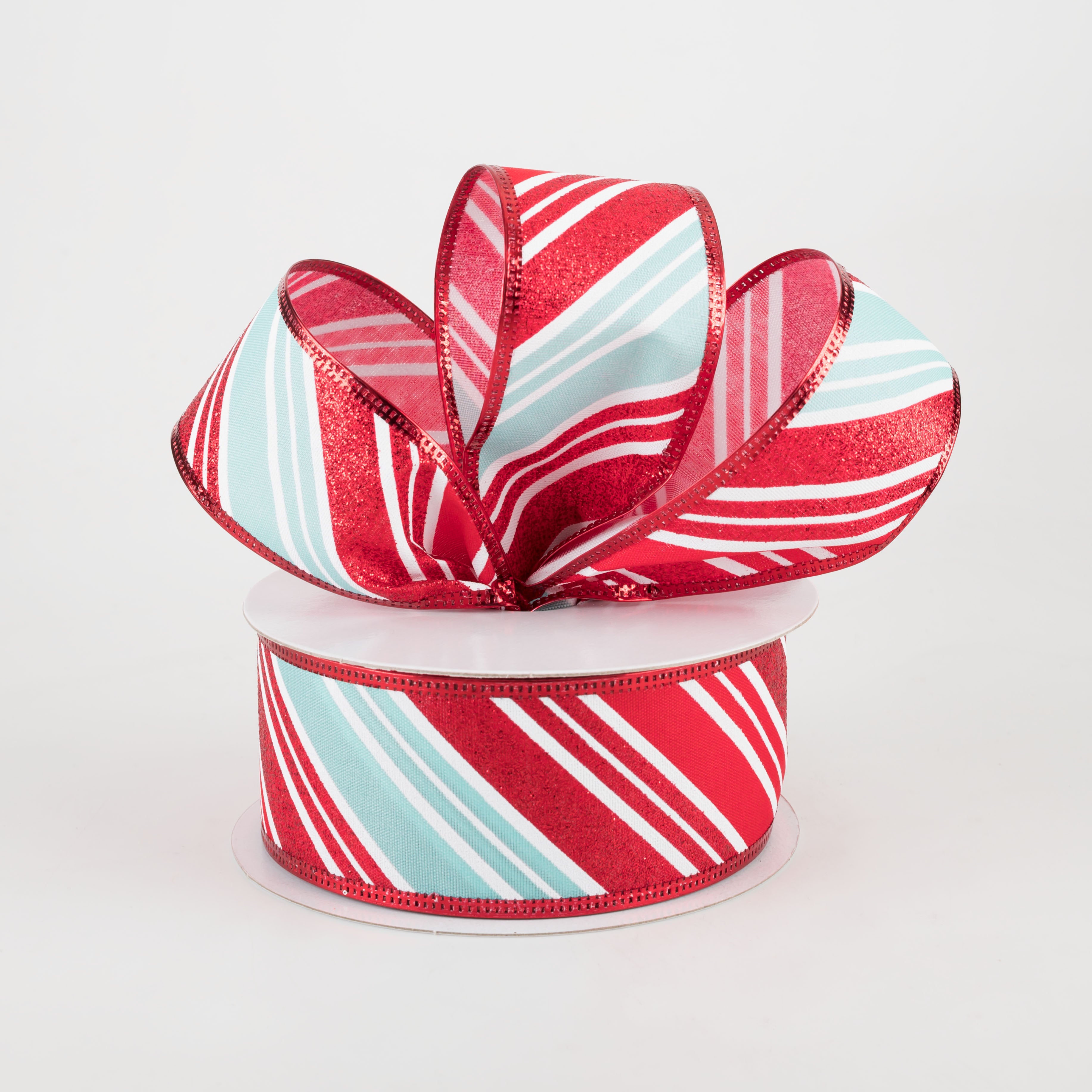 1.5" Glitter Candy Cane Stripe Ribbon: Red, Aqua, White (10 Yards)