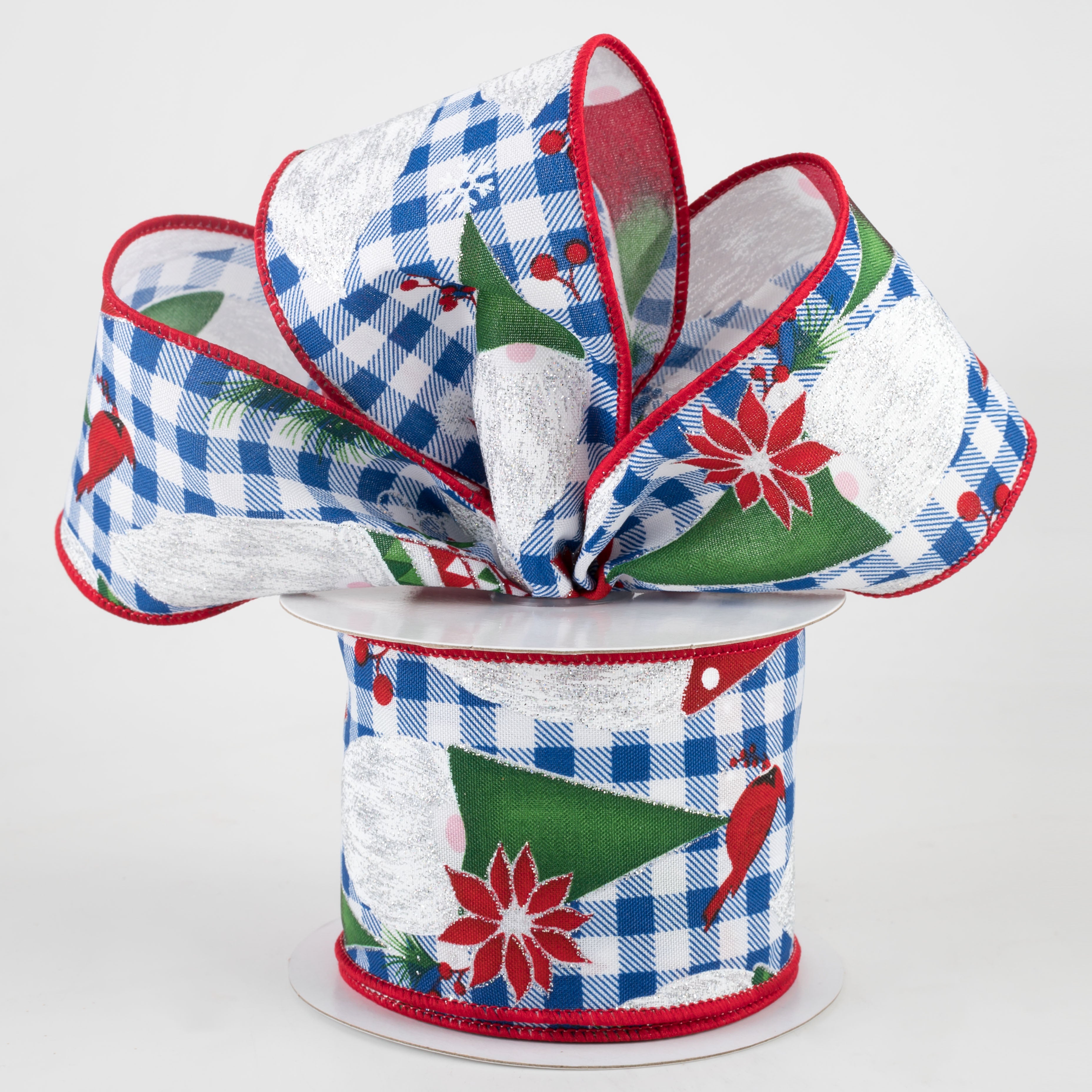 2.5" Buffalo Plaid Christmas Gnomes Ribbon: Royal Blue & White (10 Yards)