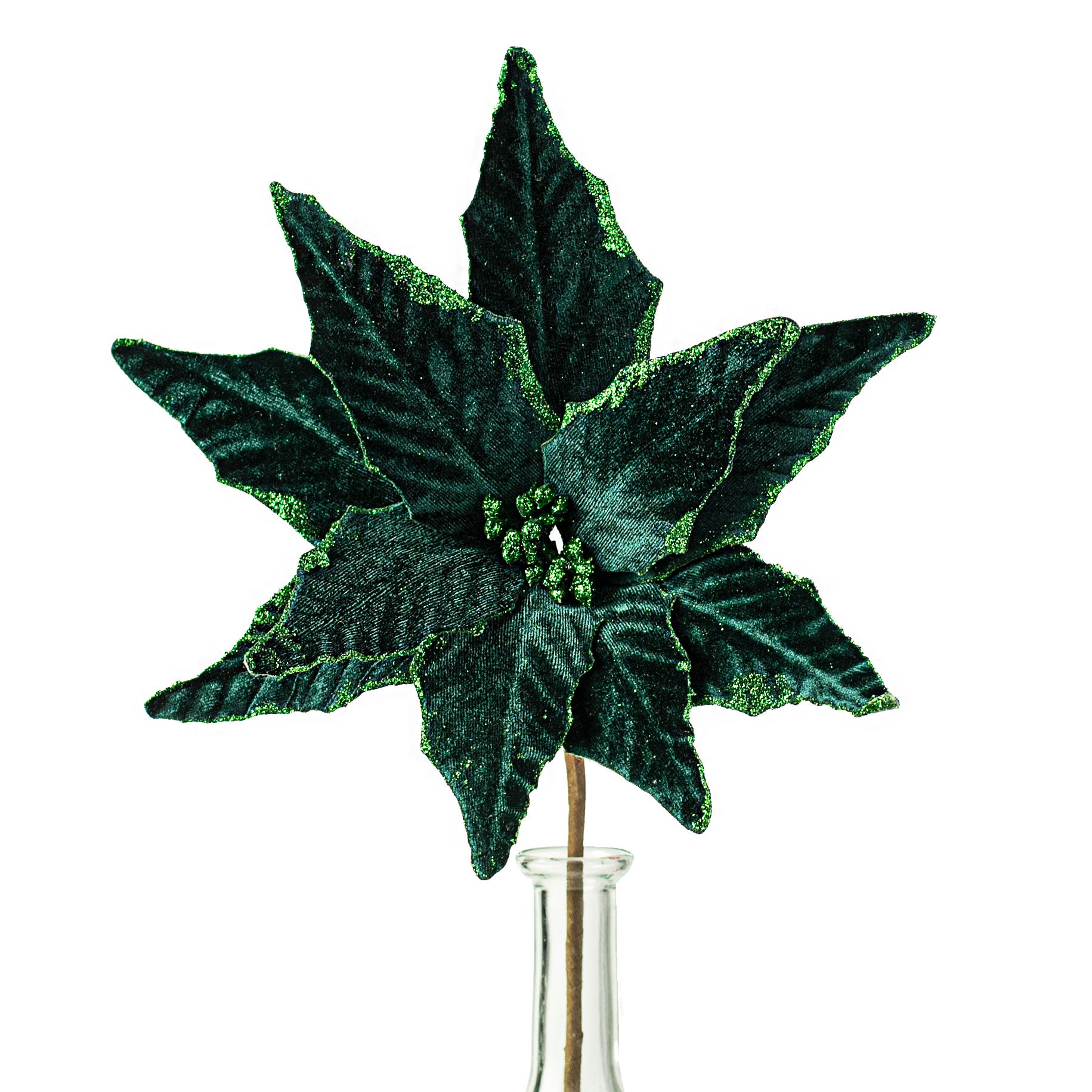 15" Pointy Velvet Poinsettia Pick: Dark Green