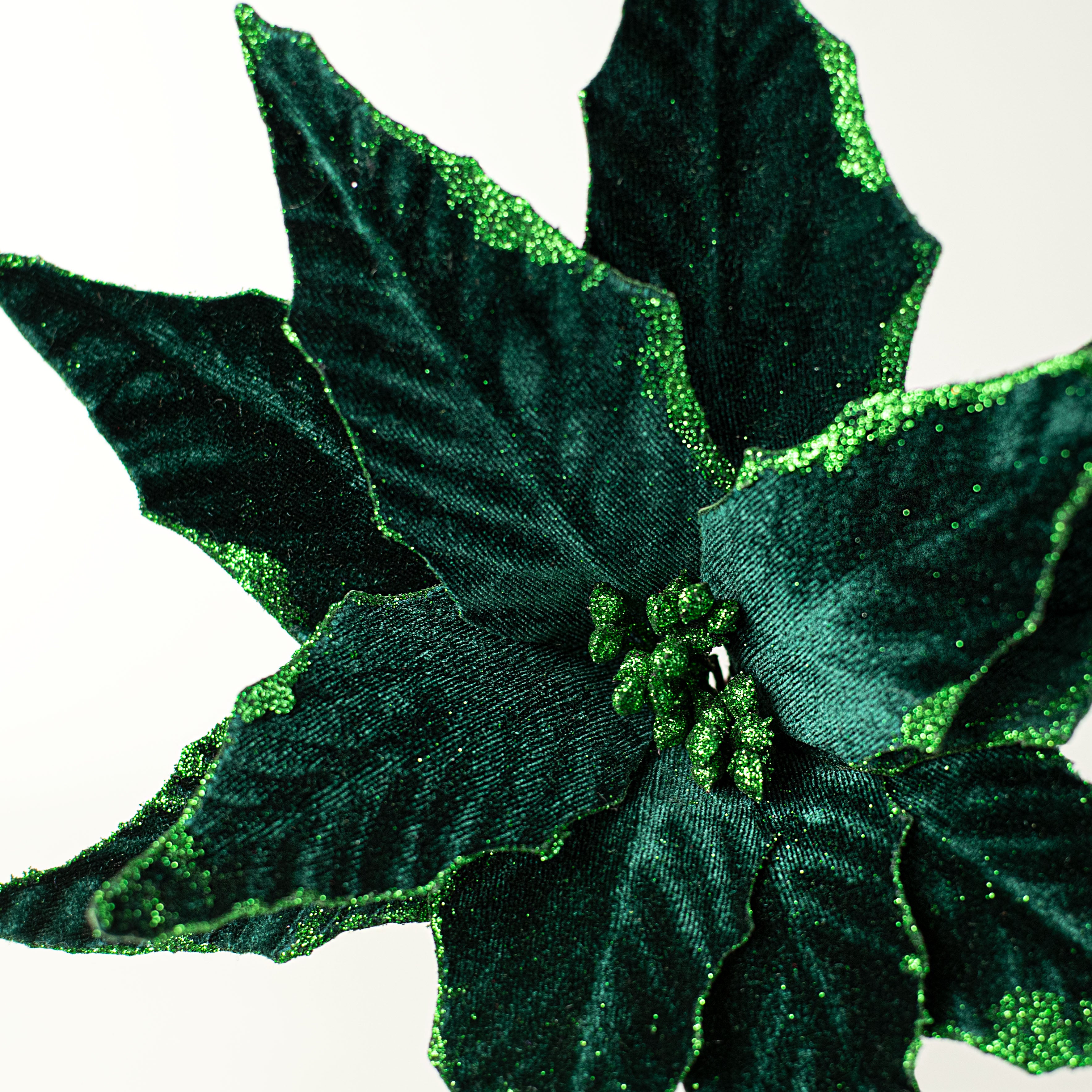 15" Pointy Velvet Poinsettia Pick: Dark Green