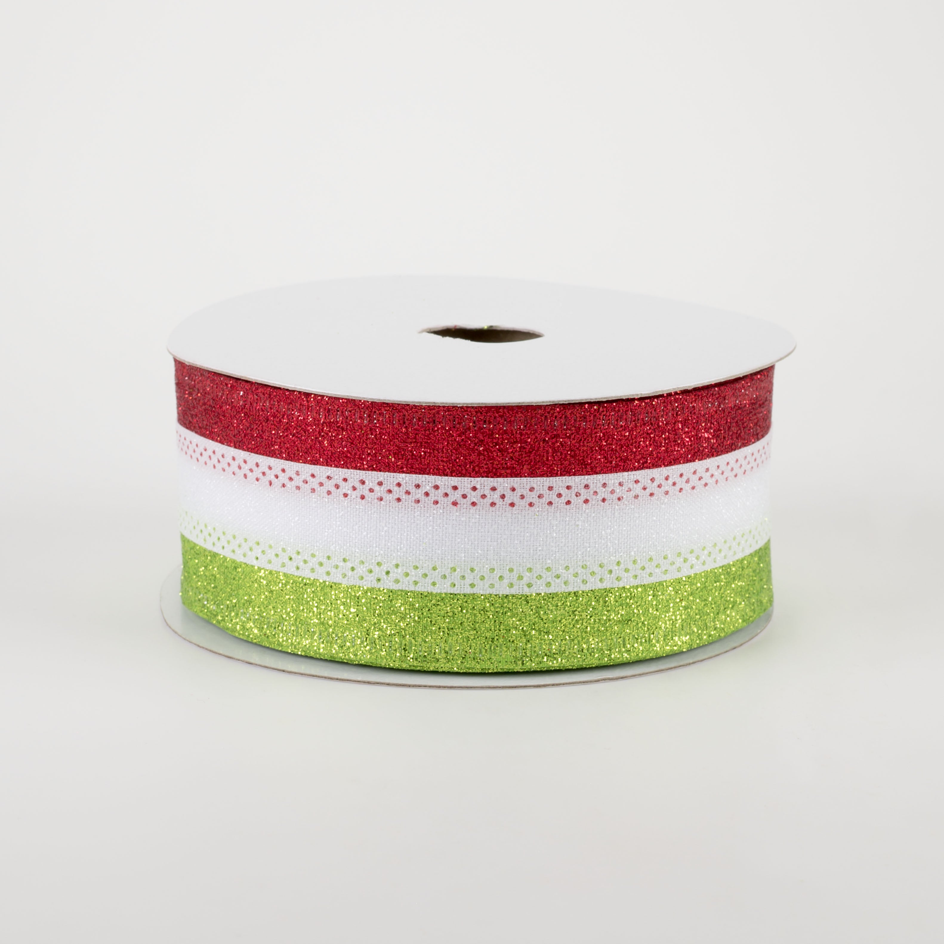 1.5" Shimmer Glitter Stripe Ribbon: Red, White, Lime (10 Yards)