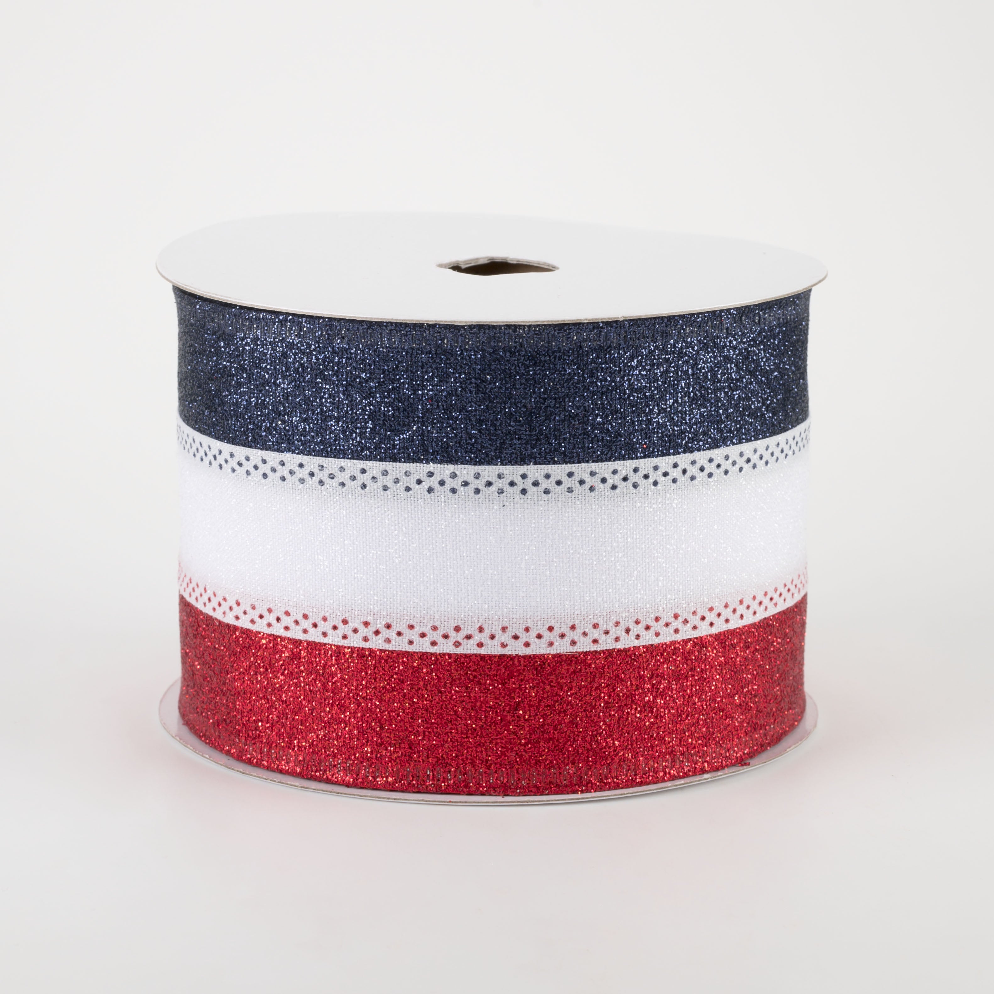 2.5" Shimmer Glitter Stripe Ribbon: Red, White, Navy Blue (10 Yards)
