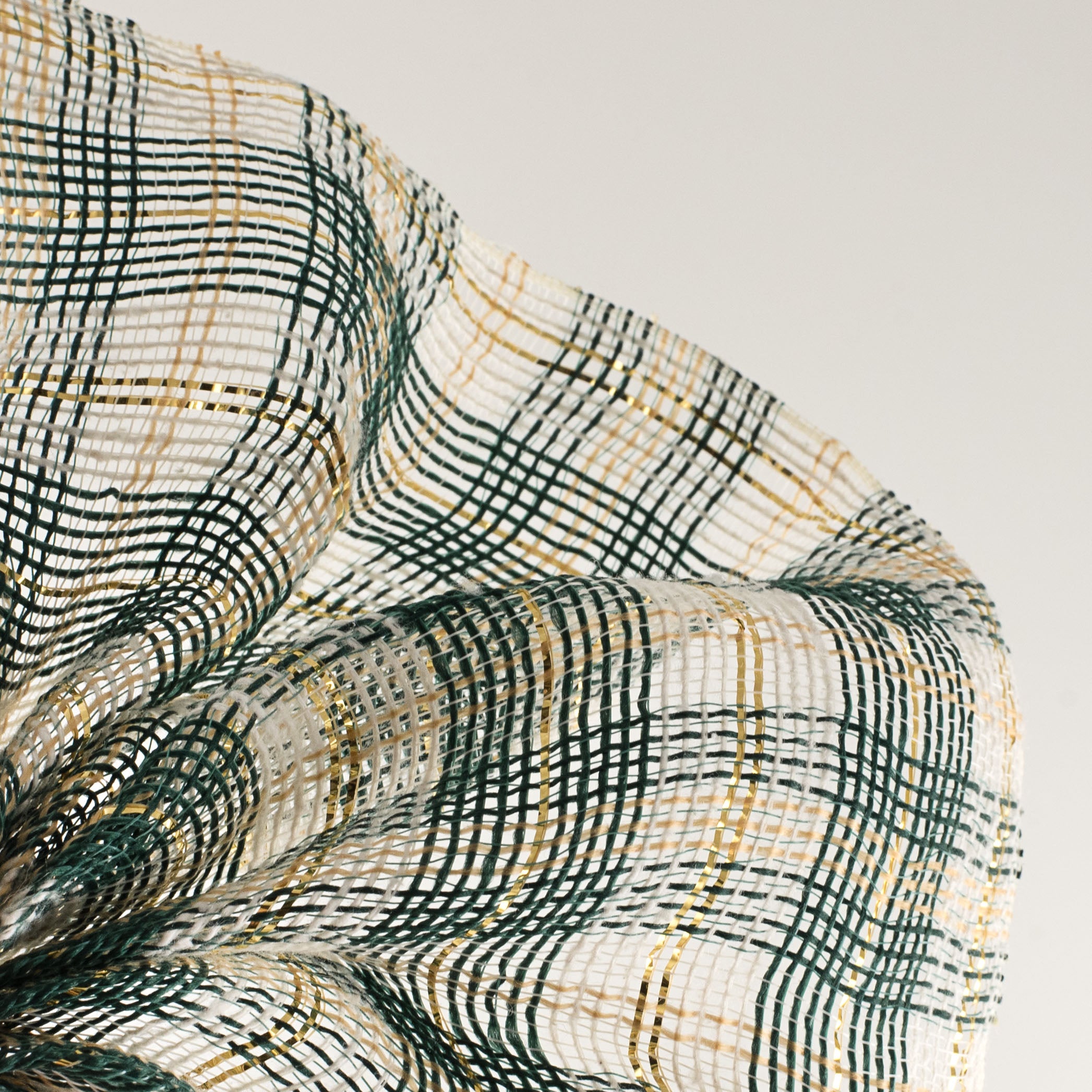 10" Fabric Plaid Mesh: Hunter Green, White, Gold
