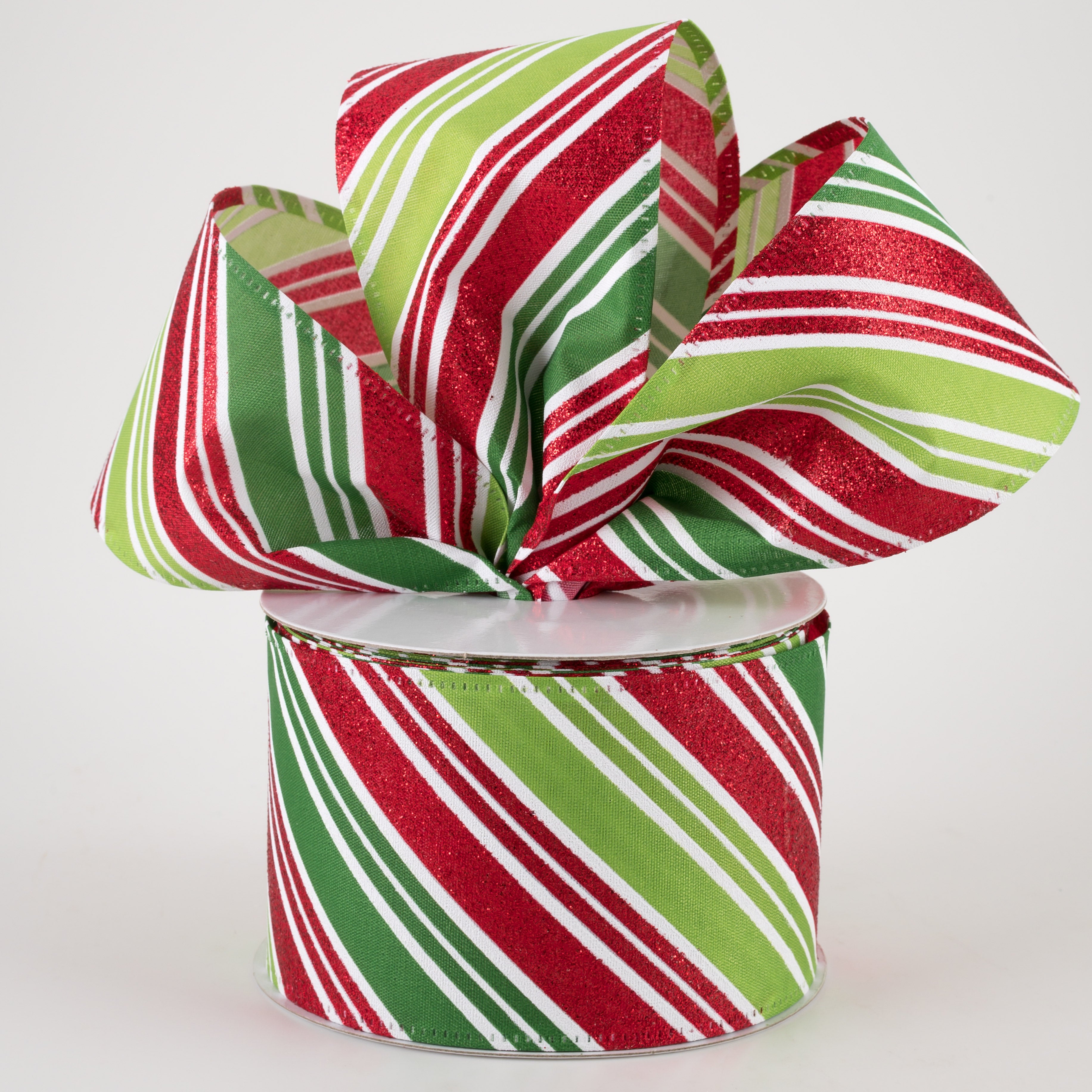 2.5" Glitter Candy Cane Stripes Ribbon: Emerald, Lime, Red (10 Yards)