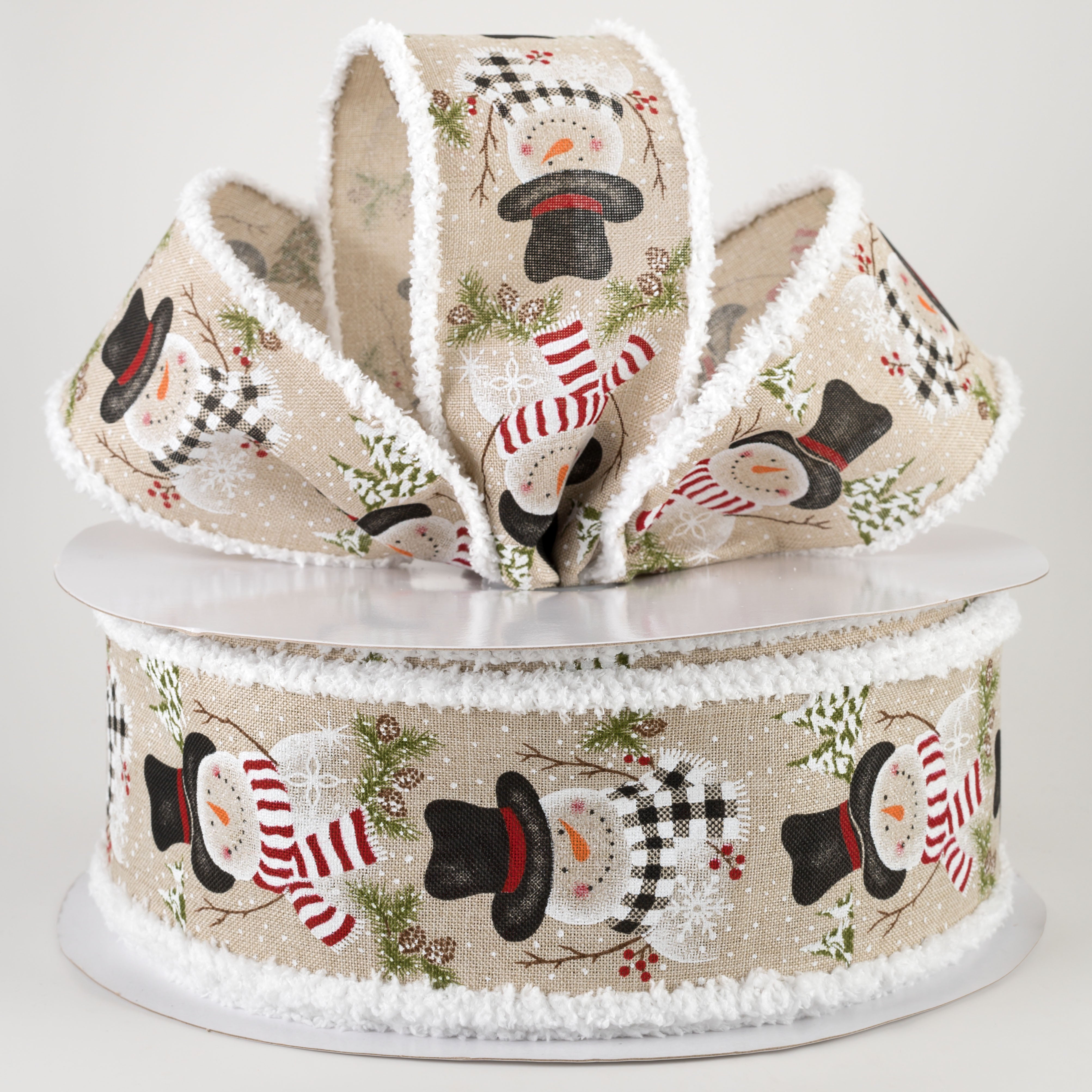 2.5" Snowmen With Scarves & Pine Fuzzy Edge Ribbon: Light Natural (50 Yards)