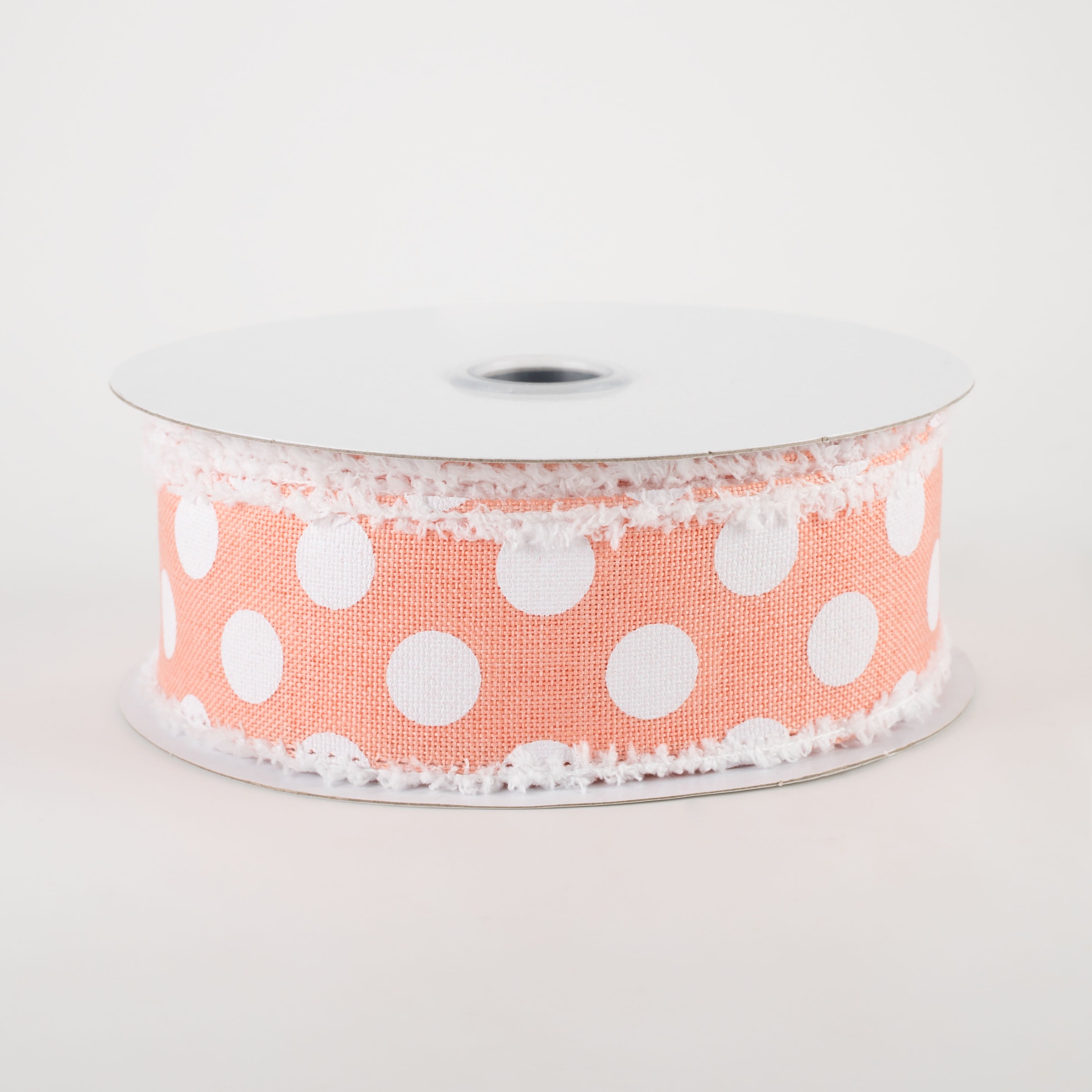 1.5" Medium Polka Dots Fuzzy Edge Ribbon: Peach & White (10 Yards)