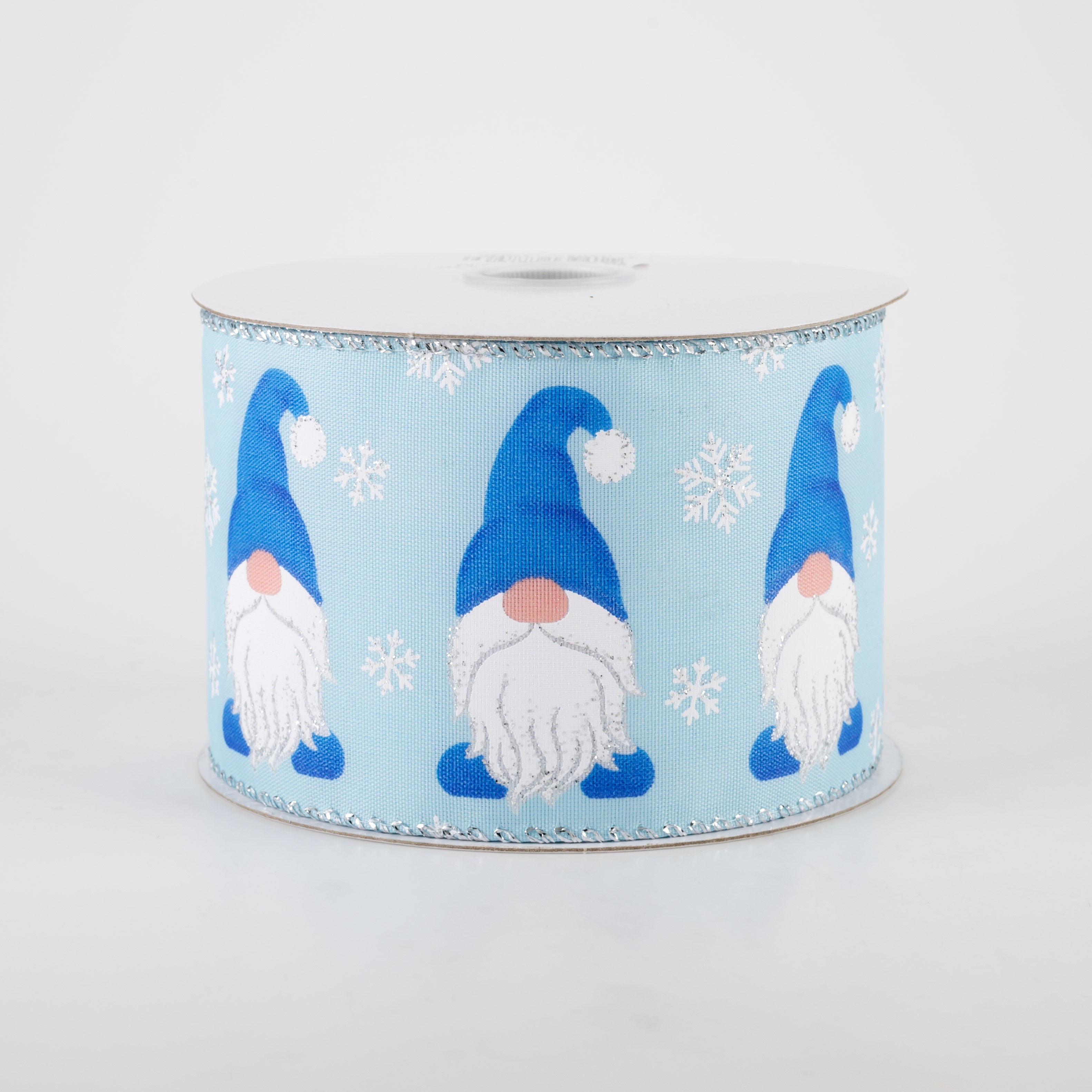 2.5" Satin Christmas Gnome Ribbon: Light Blue, Silver (10 Yards)