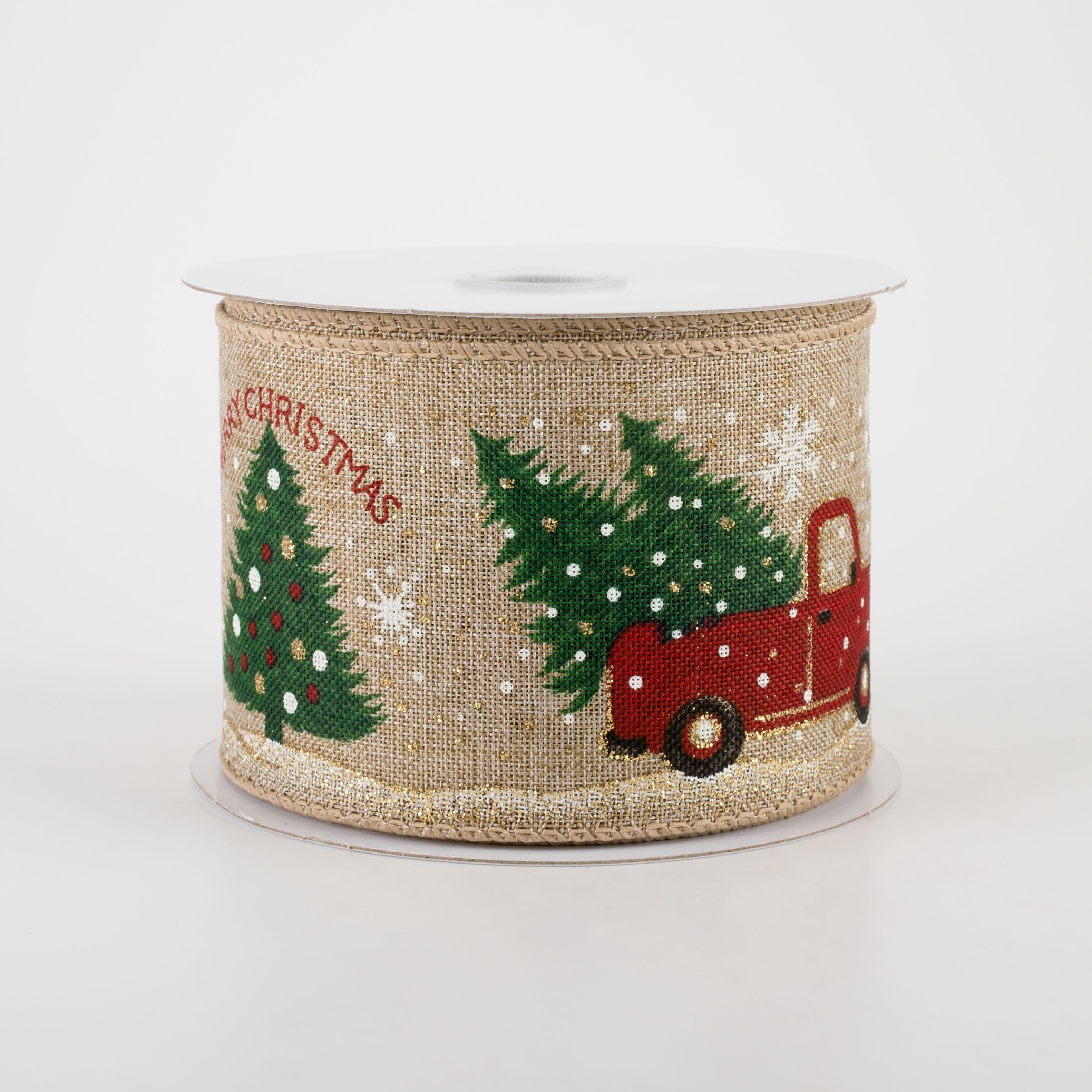 2.5" Linen Vintage Red Tree Truck Ribbon: Natural (10 Yards)