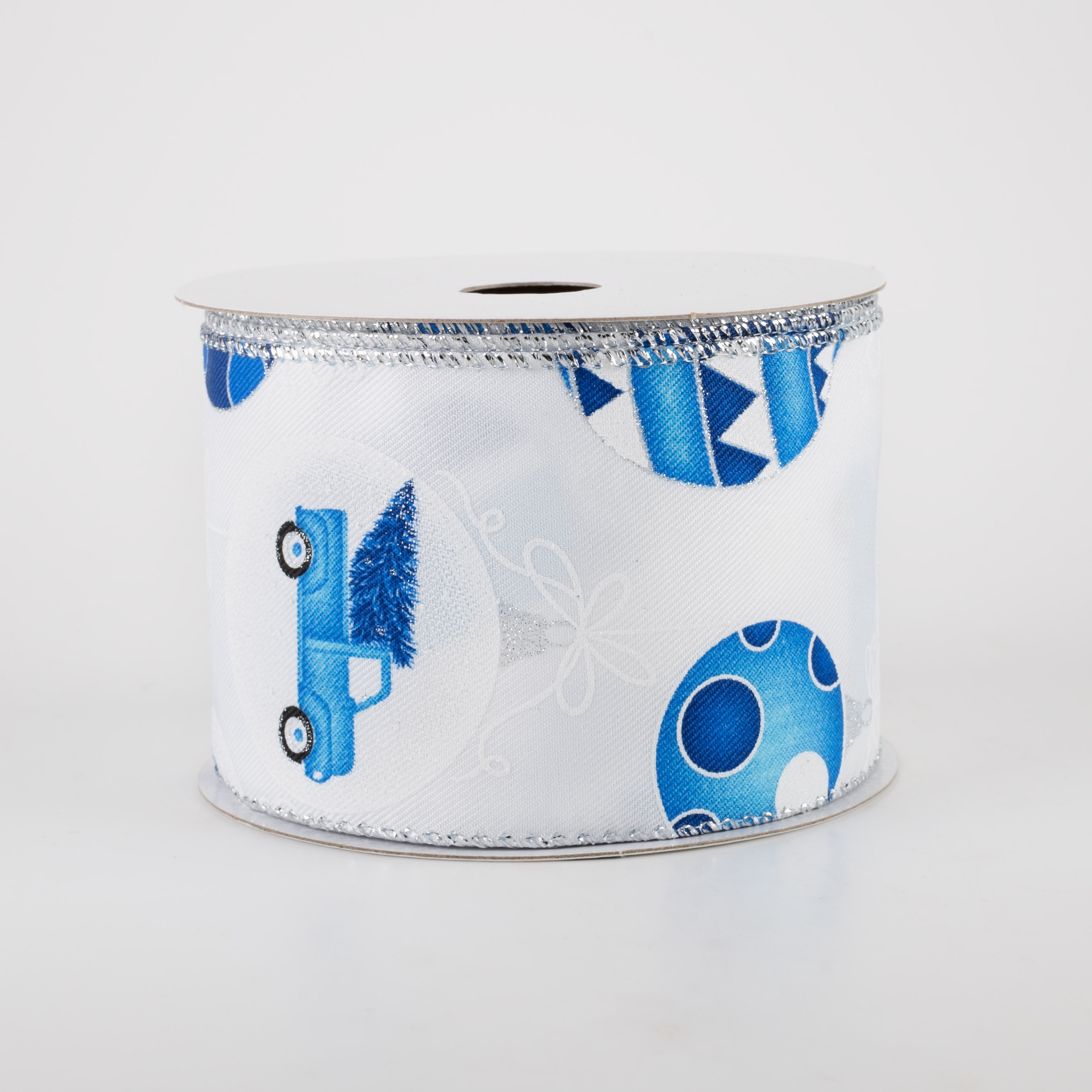 2.5" Blue Truck and Patterned Ornaments Ribbon (10 Yards)