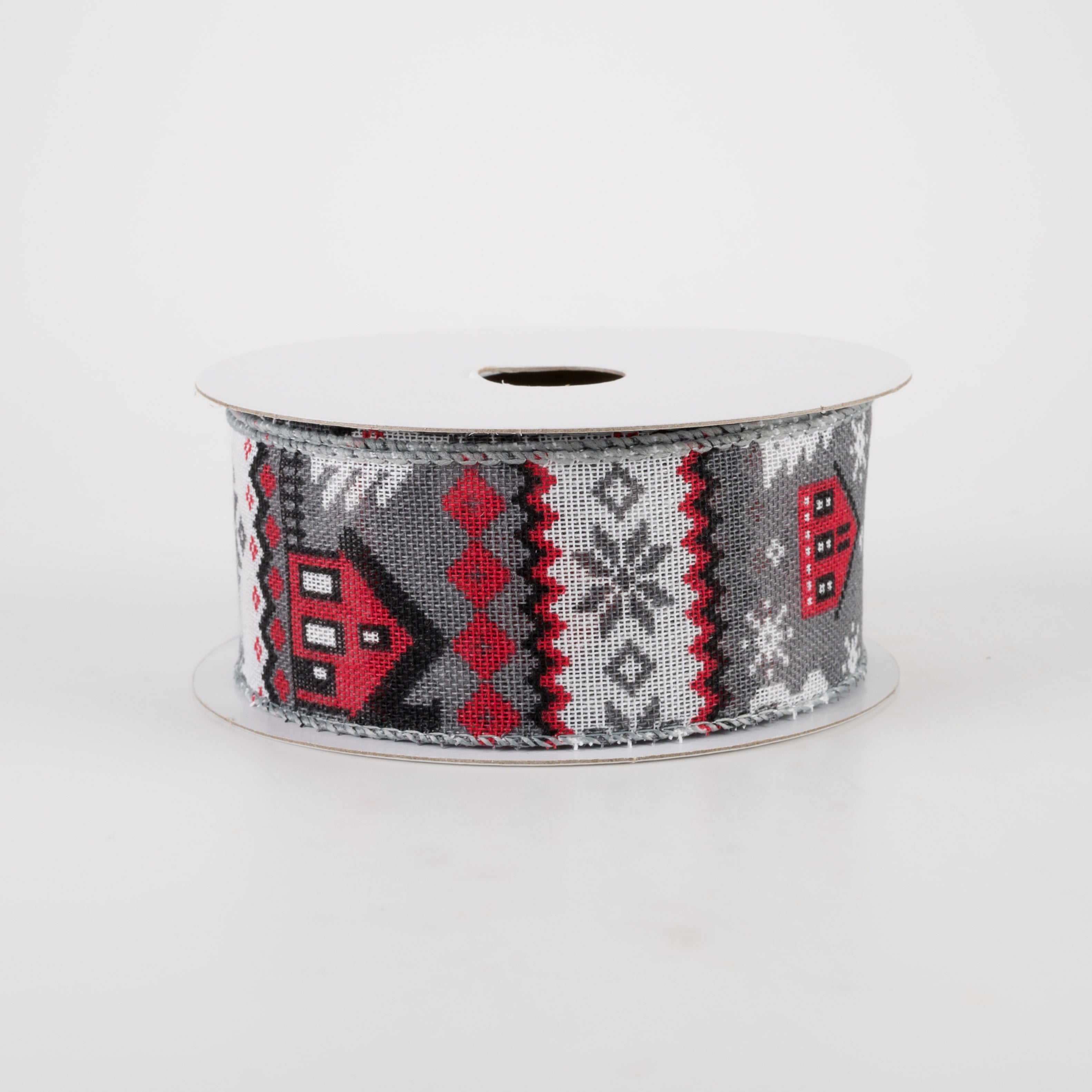 1.5" Linen Cold Sweater Ribbon: Grey & Red (10 Yards)