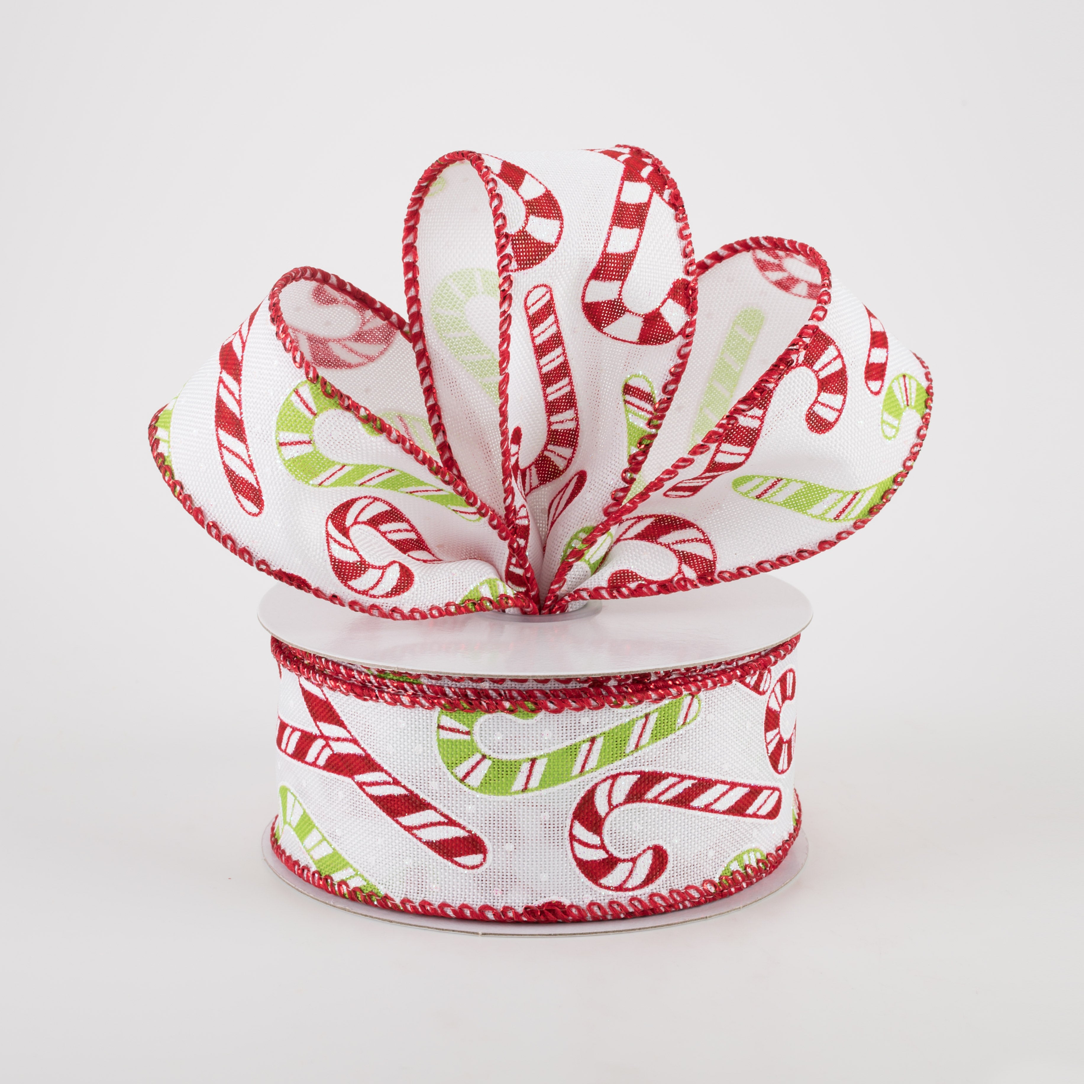1.5" Linen Iridescent Candy Cane Ribbon: White, Red, Lime (10 Yards)