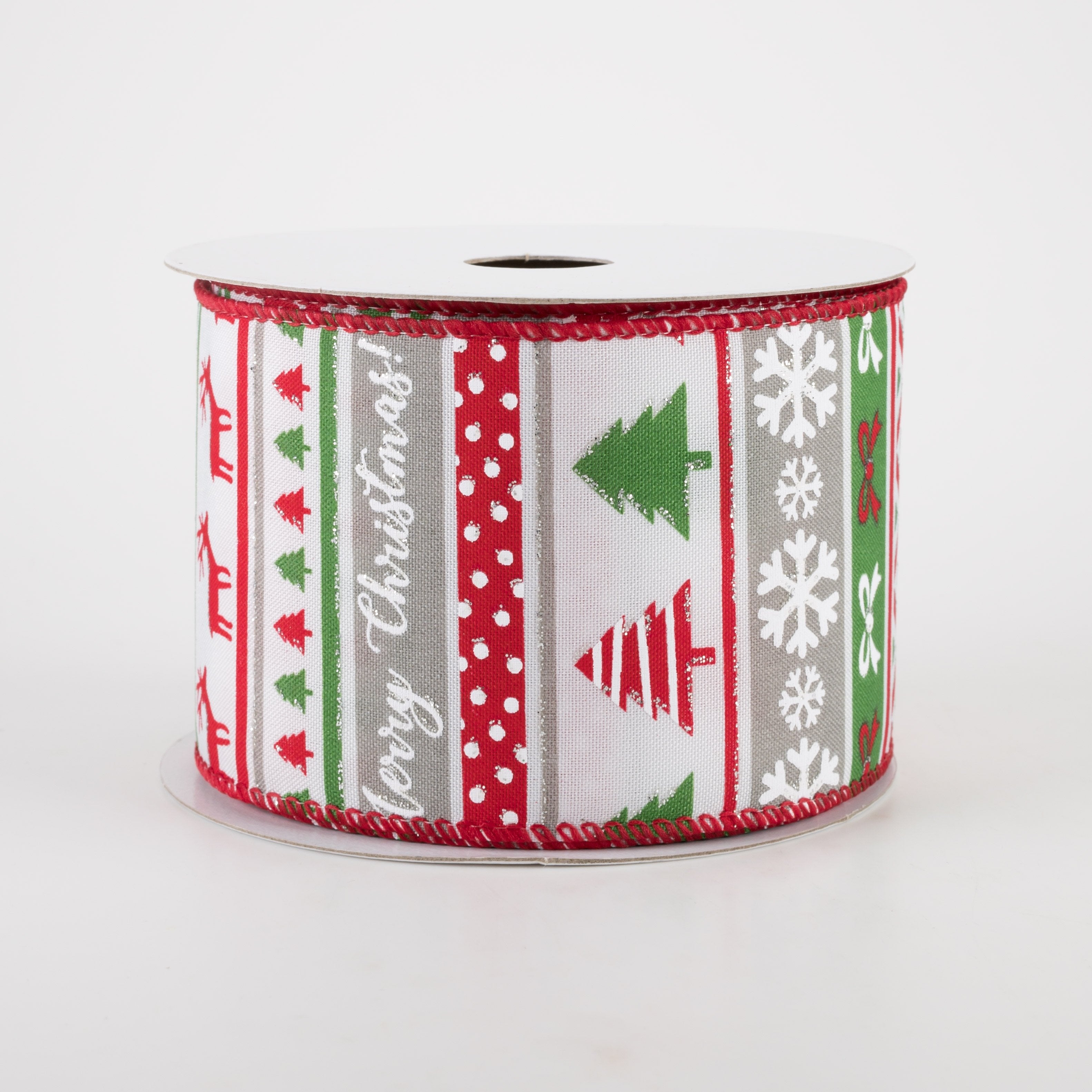 2.5" Christmas Sweater Stripes Ribbon: Grey, Green, Red (10 Yards)