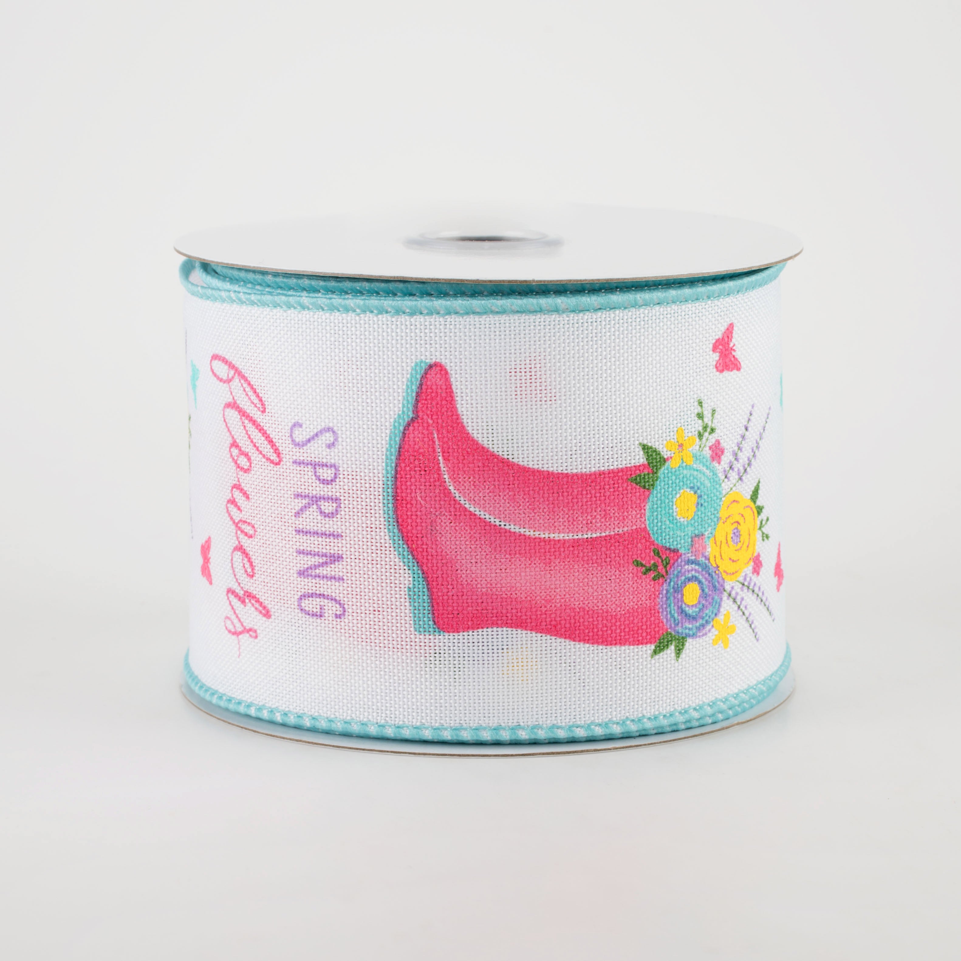2.5" Rain Boots Floral Ribbon: White (10 Yards)