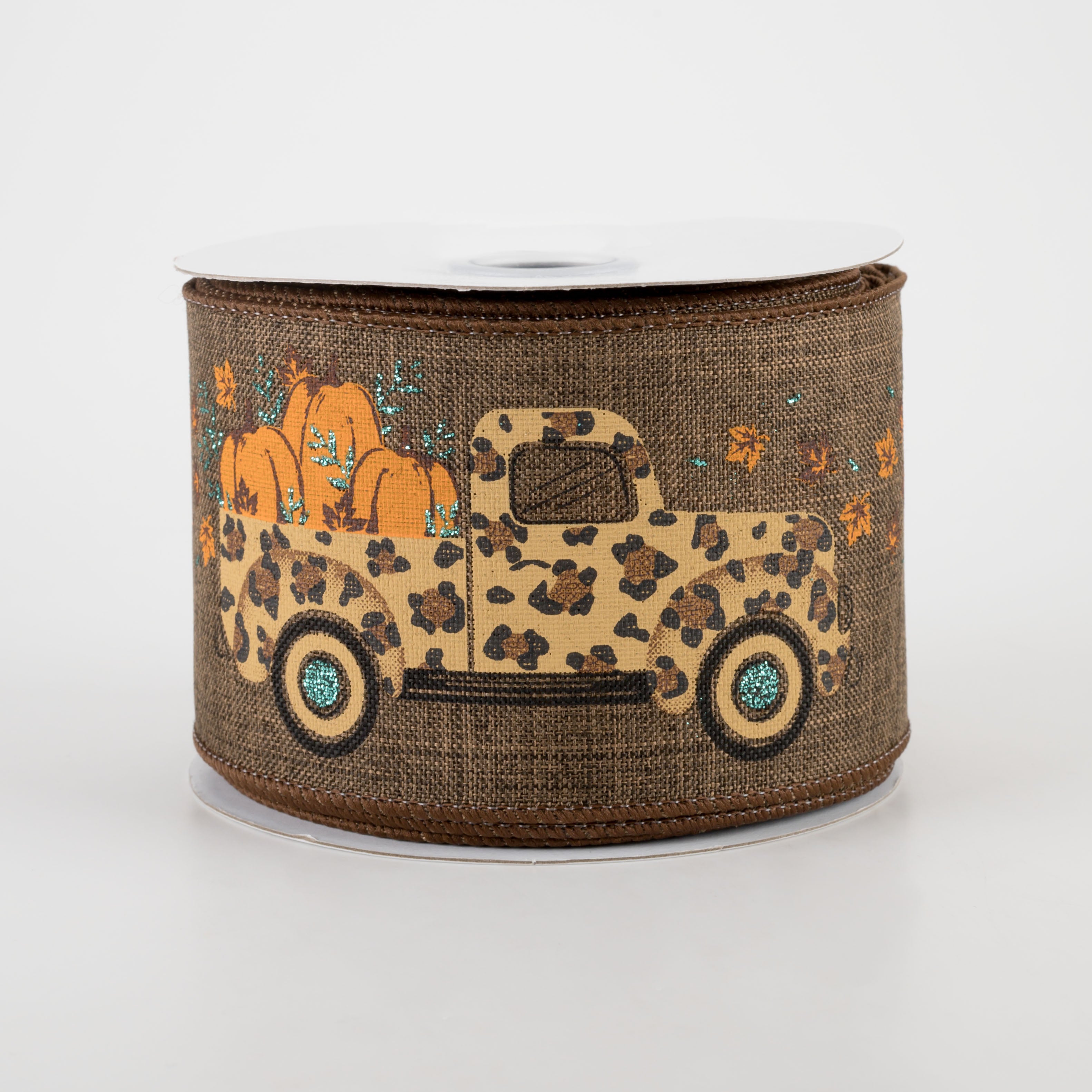 2.5" Leopard Truck With Pumpkins Ribbon: Brown (10 Yards)