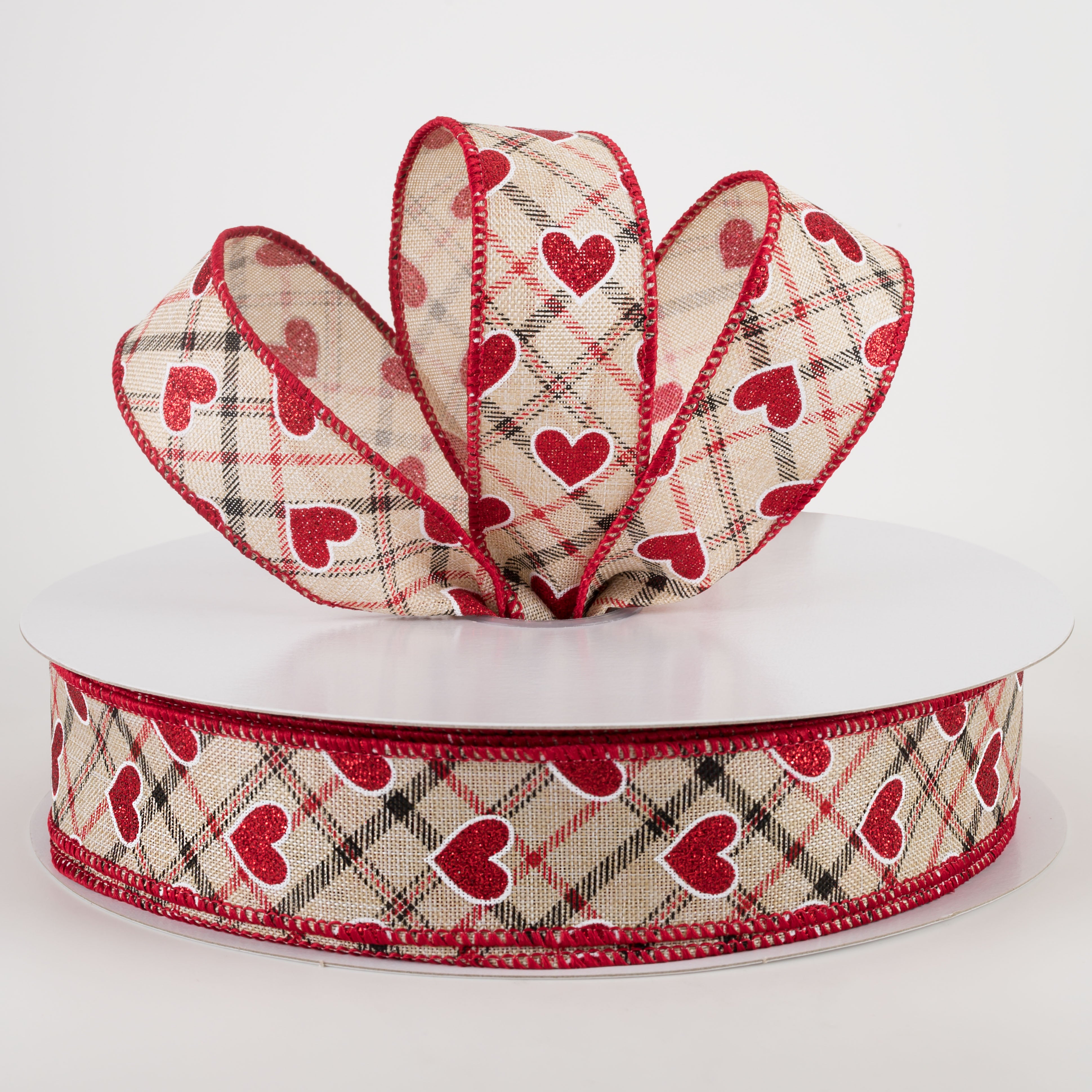 1.5" Red Glitter Hearts on Argyle Ribbon: Natural (50 Yards)
