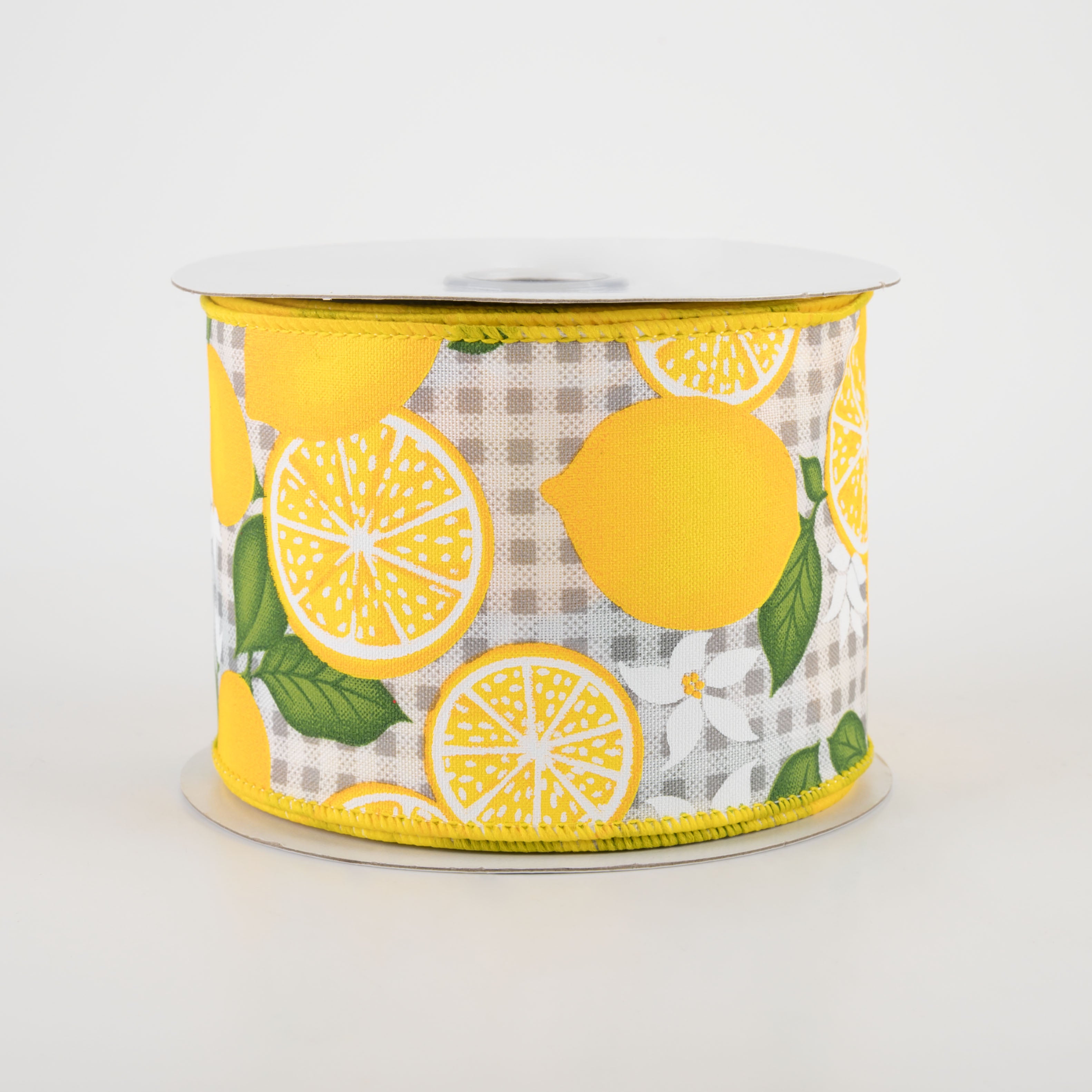 2.5" Lemon With Leaves Check Ribbon: Light Grey (10 Yards)