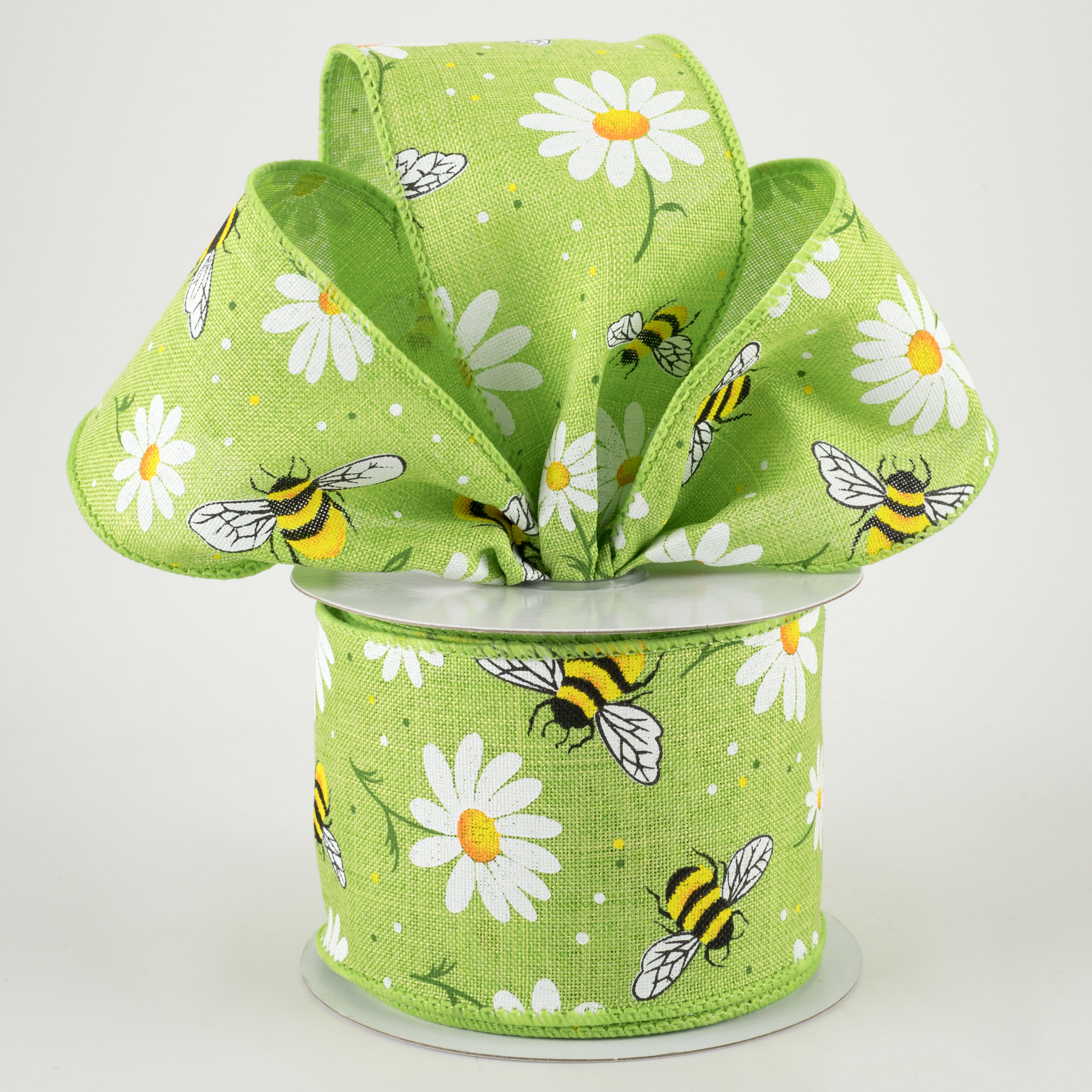 2.5" Bumblebees & Daisies Ribbon: Lime Royal (10 Yards)