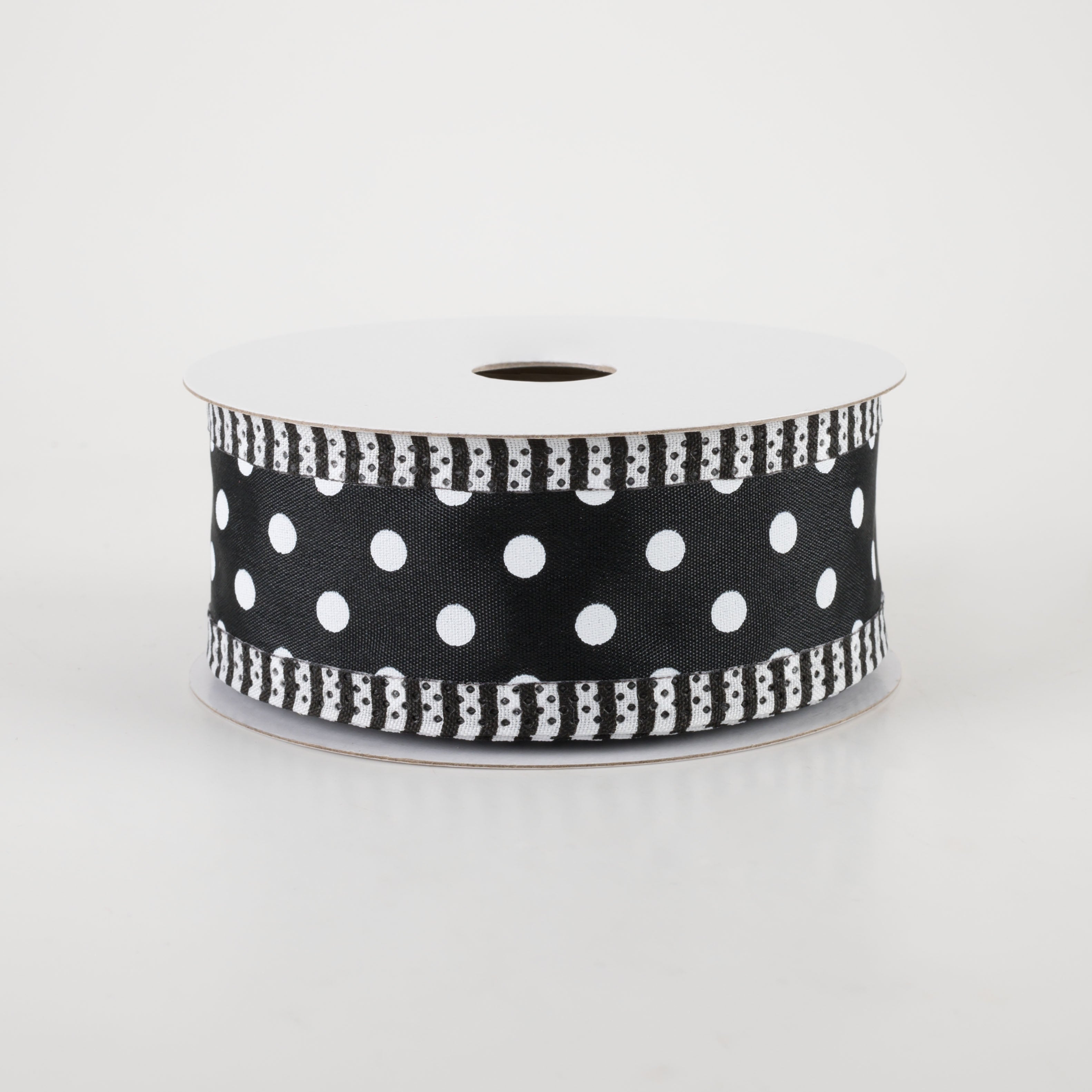 1.5" Thin Stripe Edge Polka Dot Ribbon: Black & White (10 Yards)