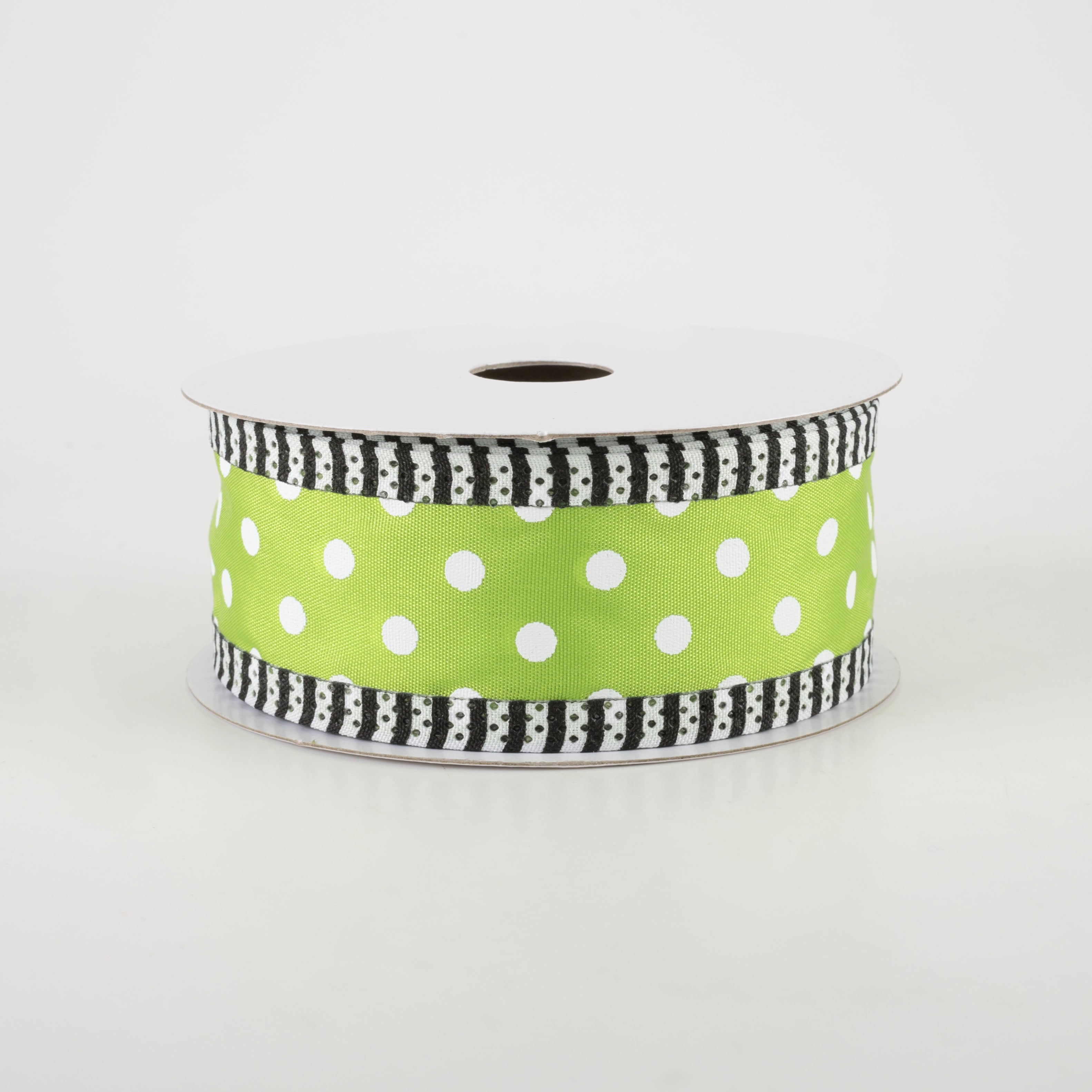 1.5" Thin Stripe Edge Polka Dot Ribbon: Lime Green & White (10 Yards)