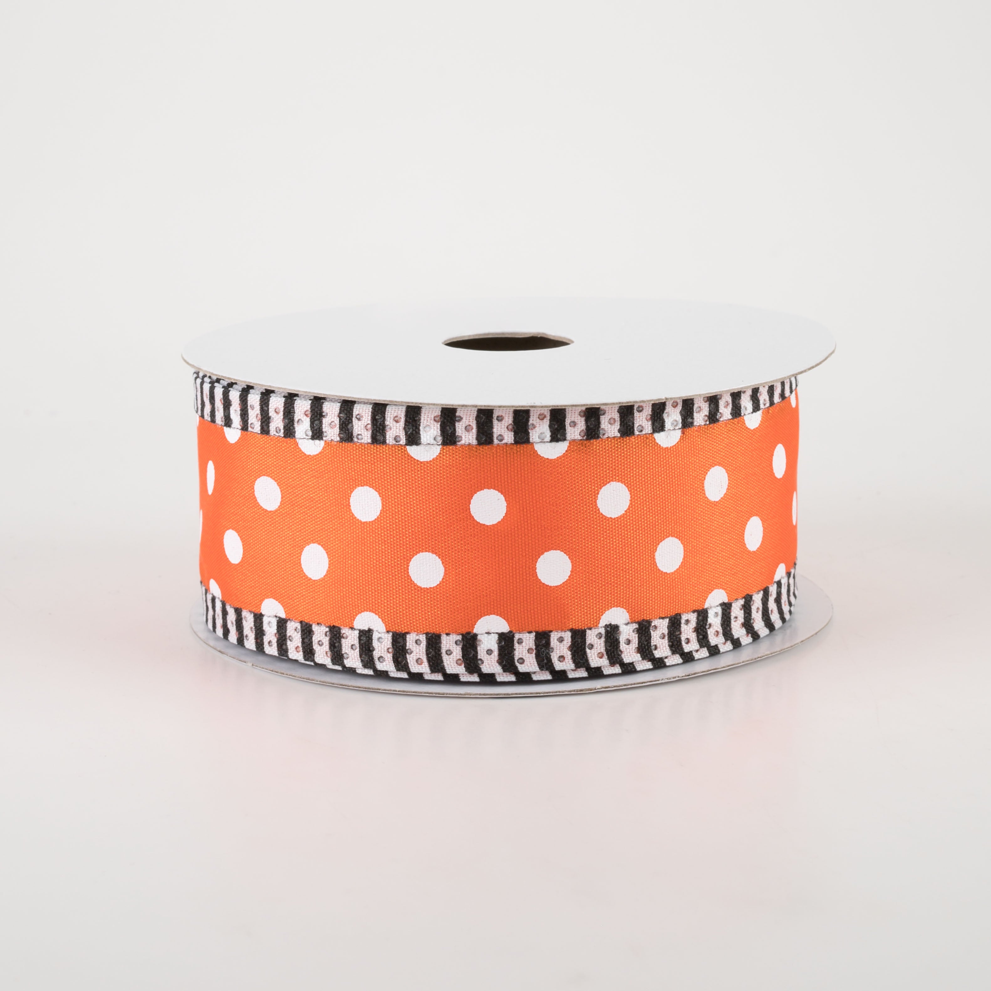 1.5" Thin Stripe Edge Polka Dot Ribbon: Orange & White (10 Yards)