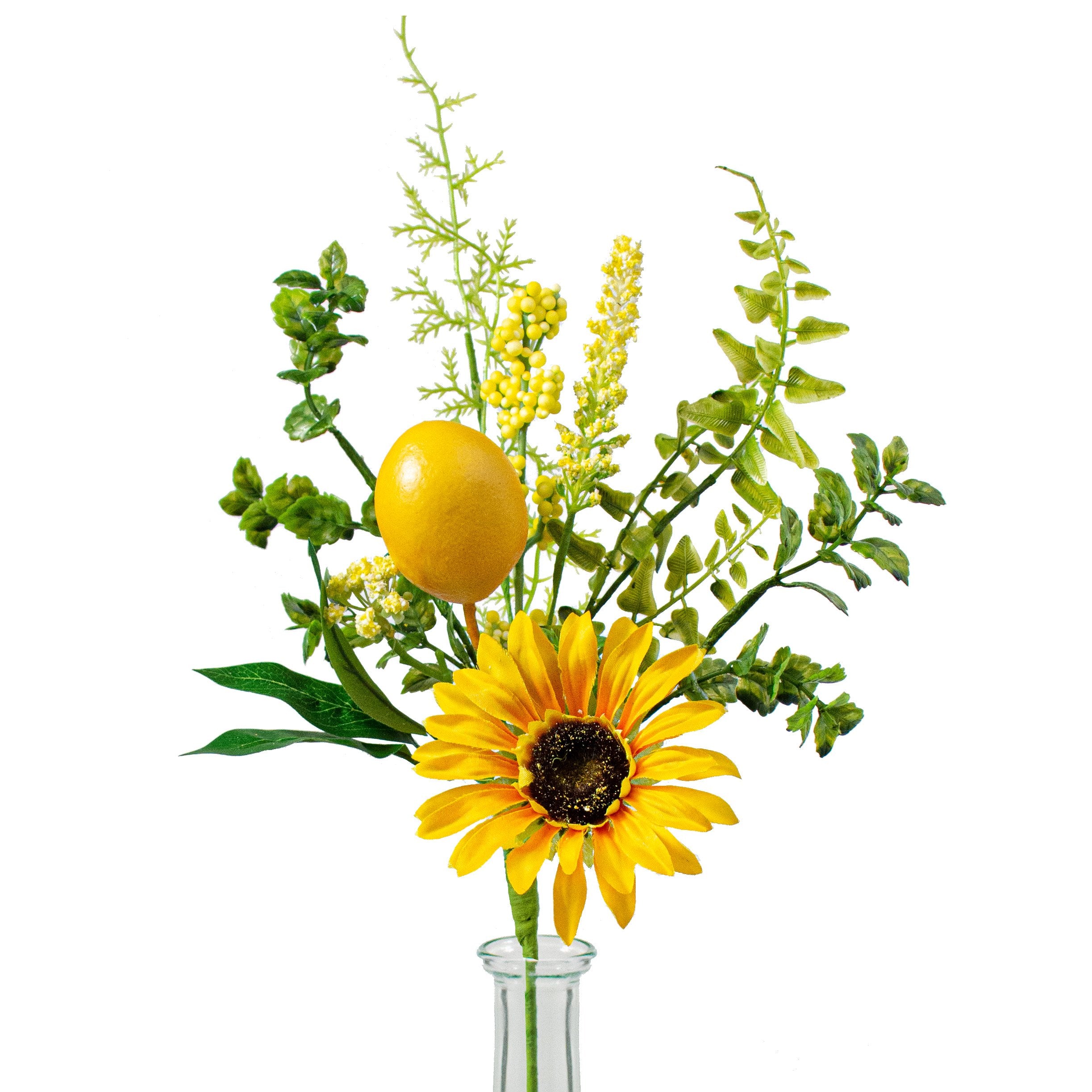 18" Sunflower, Lemon & Leaves Pick