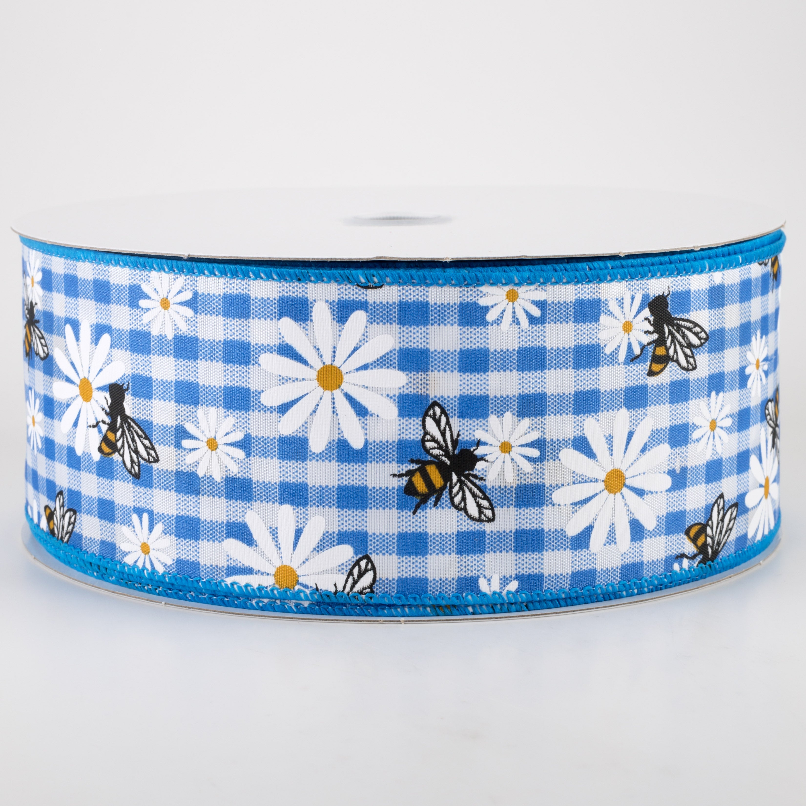 2.5" Daisies & Bees Ribbon: Cobalt Blue Gingham (50 Yards)