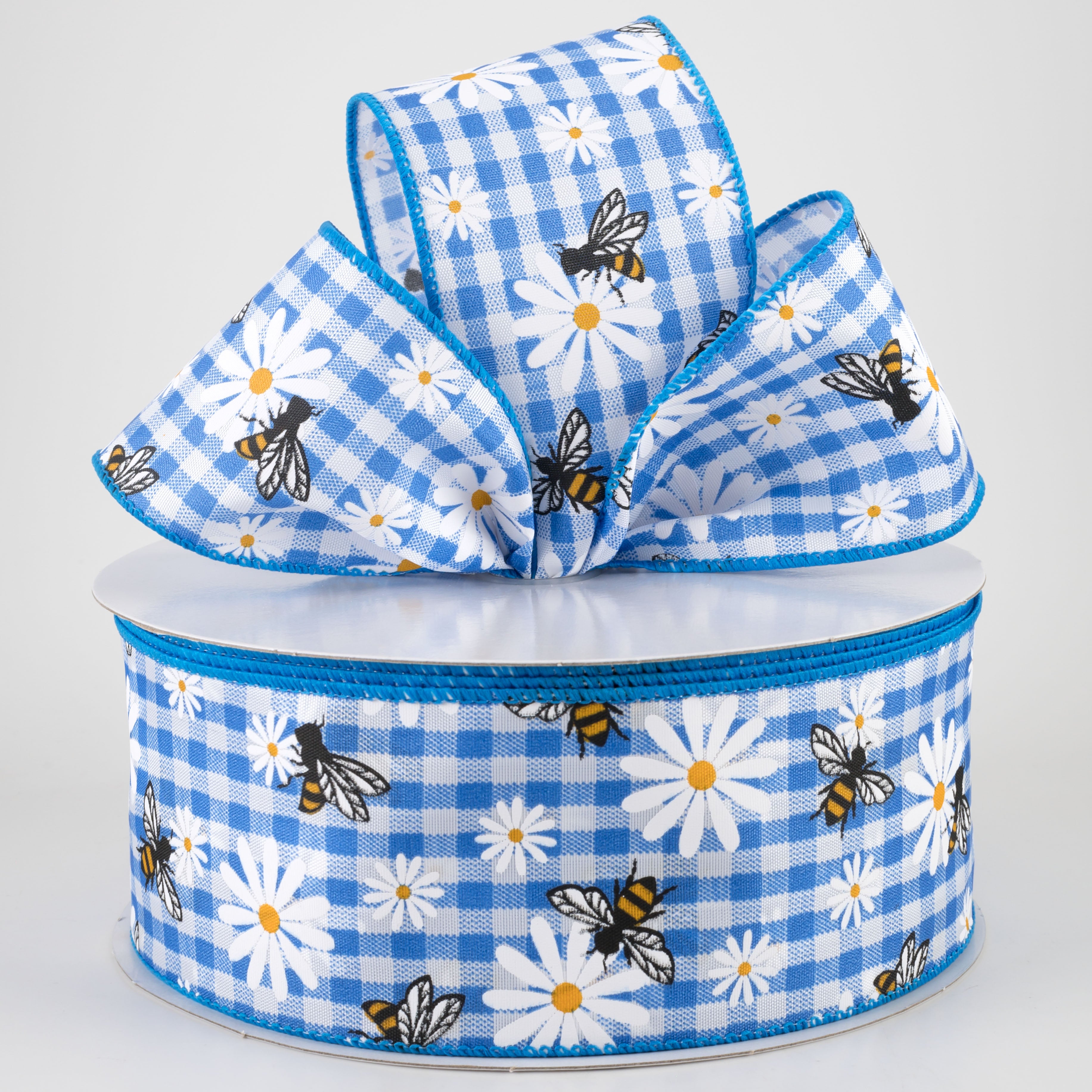 2.5" Daisies & Bees Ribbon: Cobalt Blue Gingham (50 Yards)