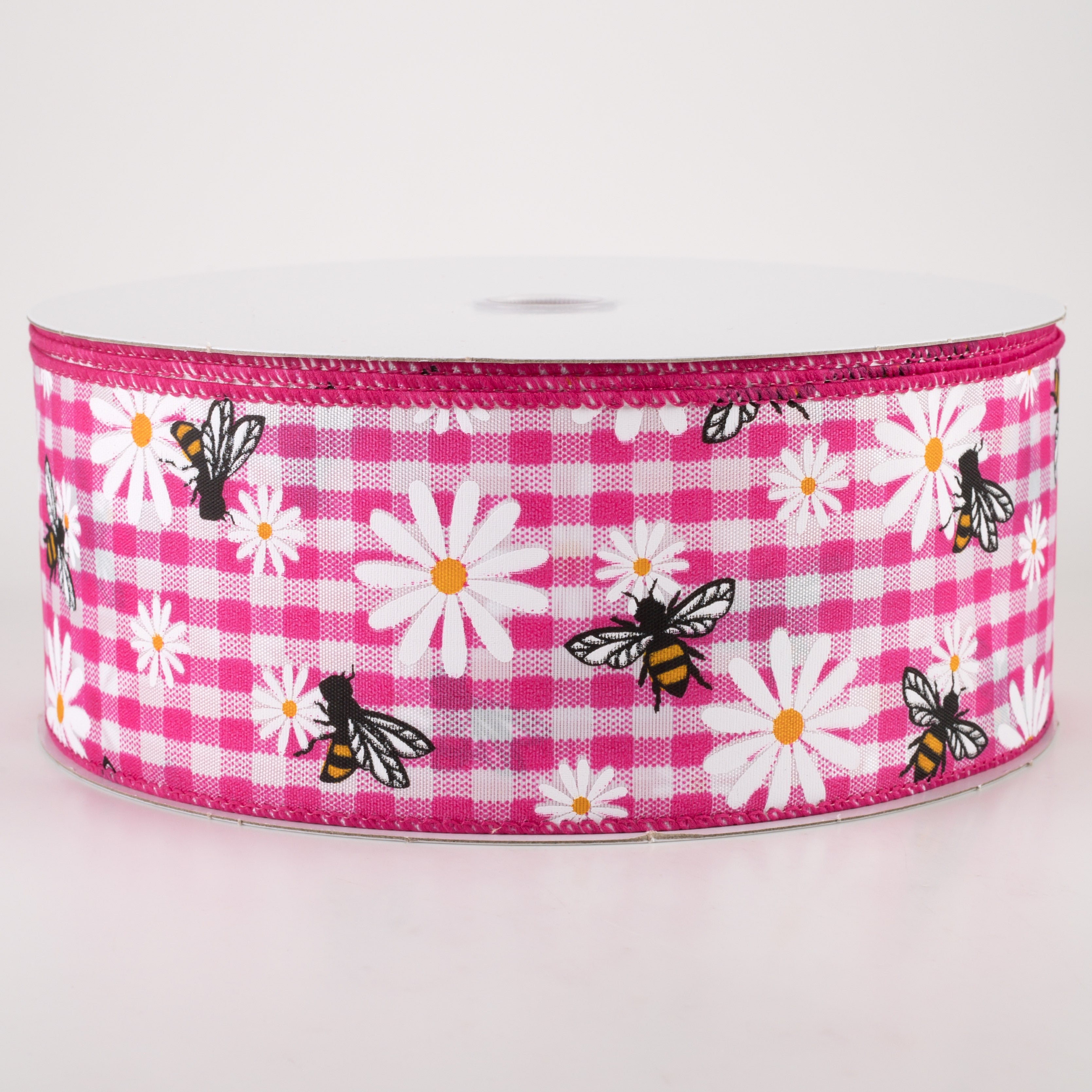 2.5" Daisies & Bees Ribbon: Fuchsia Pink Gingham (50 Yards)