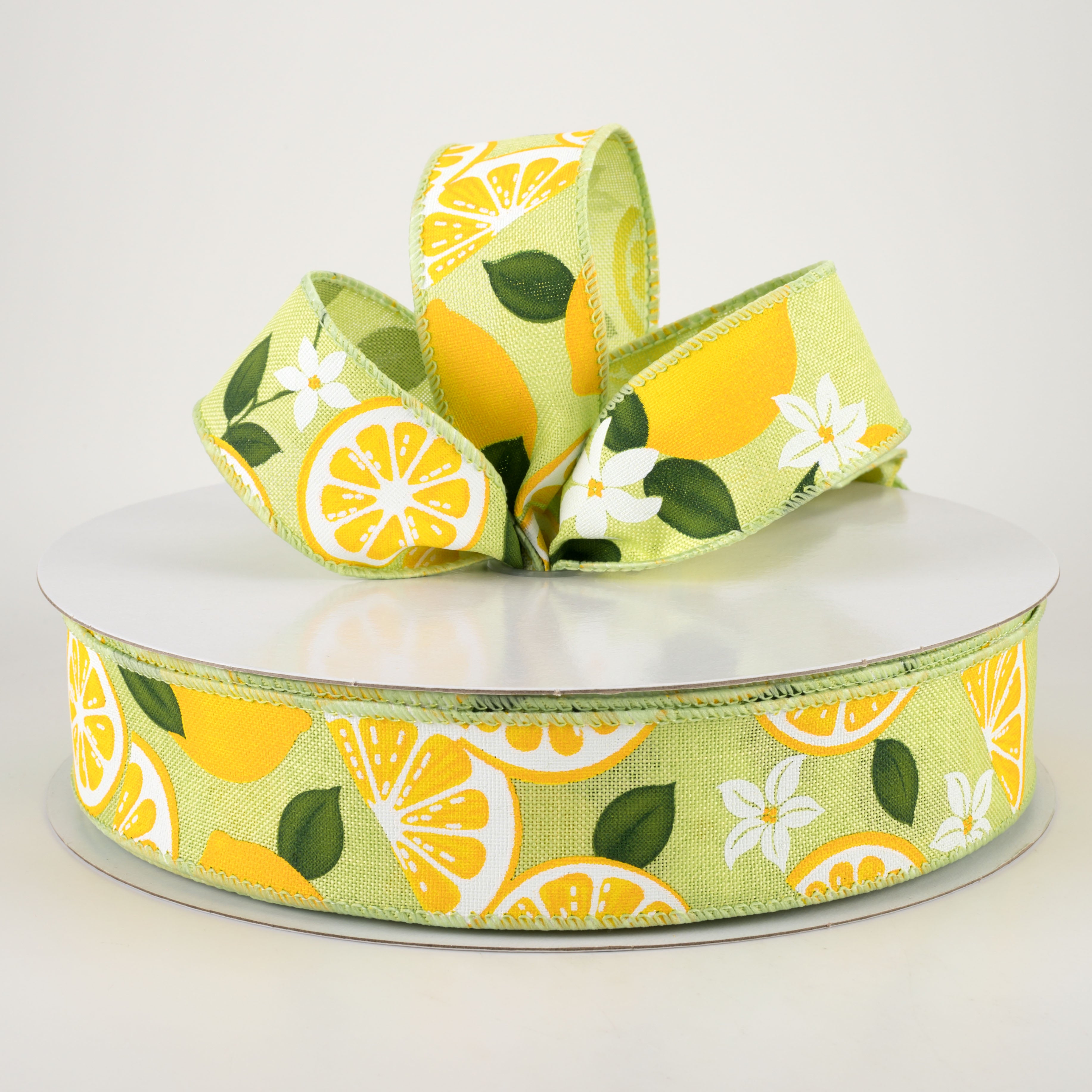 1.5" Linen Lemons & Flowers Ribbon: Lime Green (50 Yards)