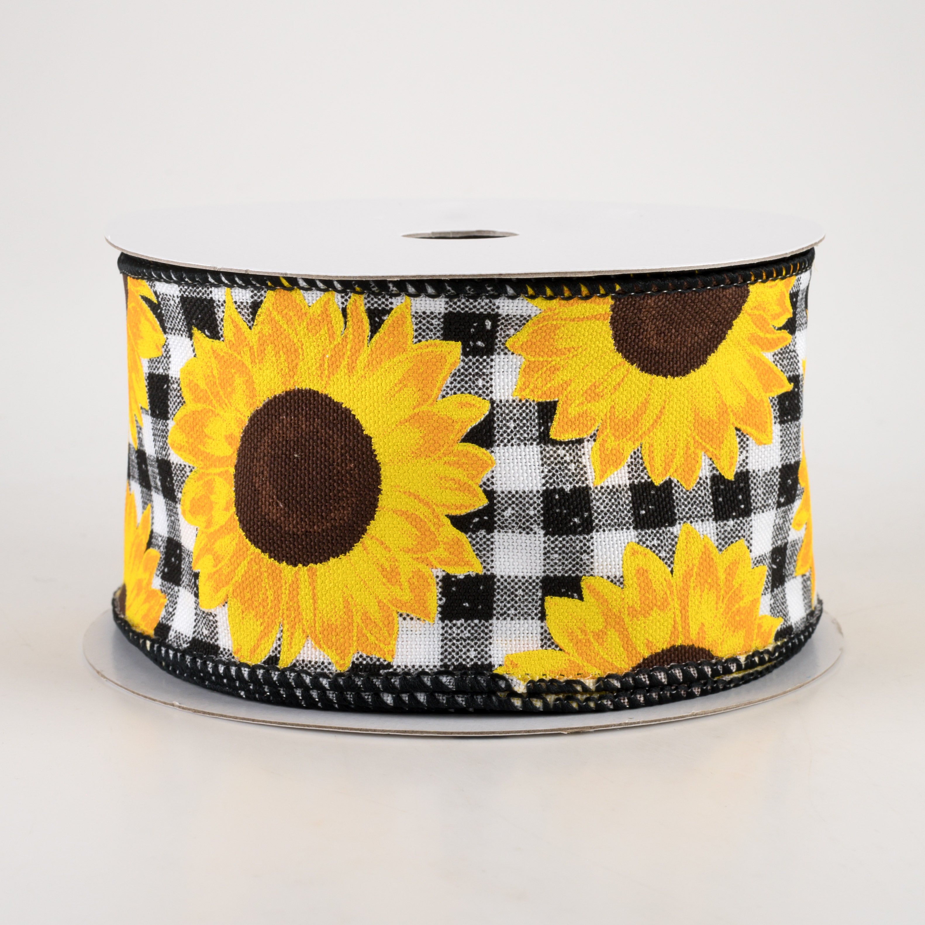 2.5" Sunflowers on Faux Burlap Check Ribbon: Black & White (10 Yards)