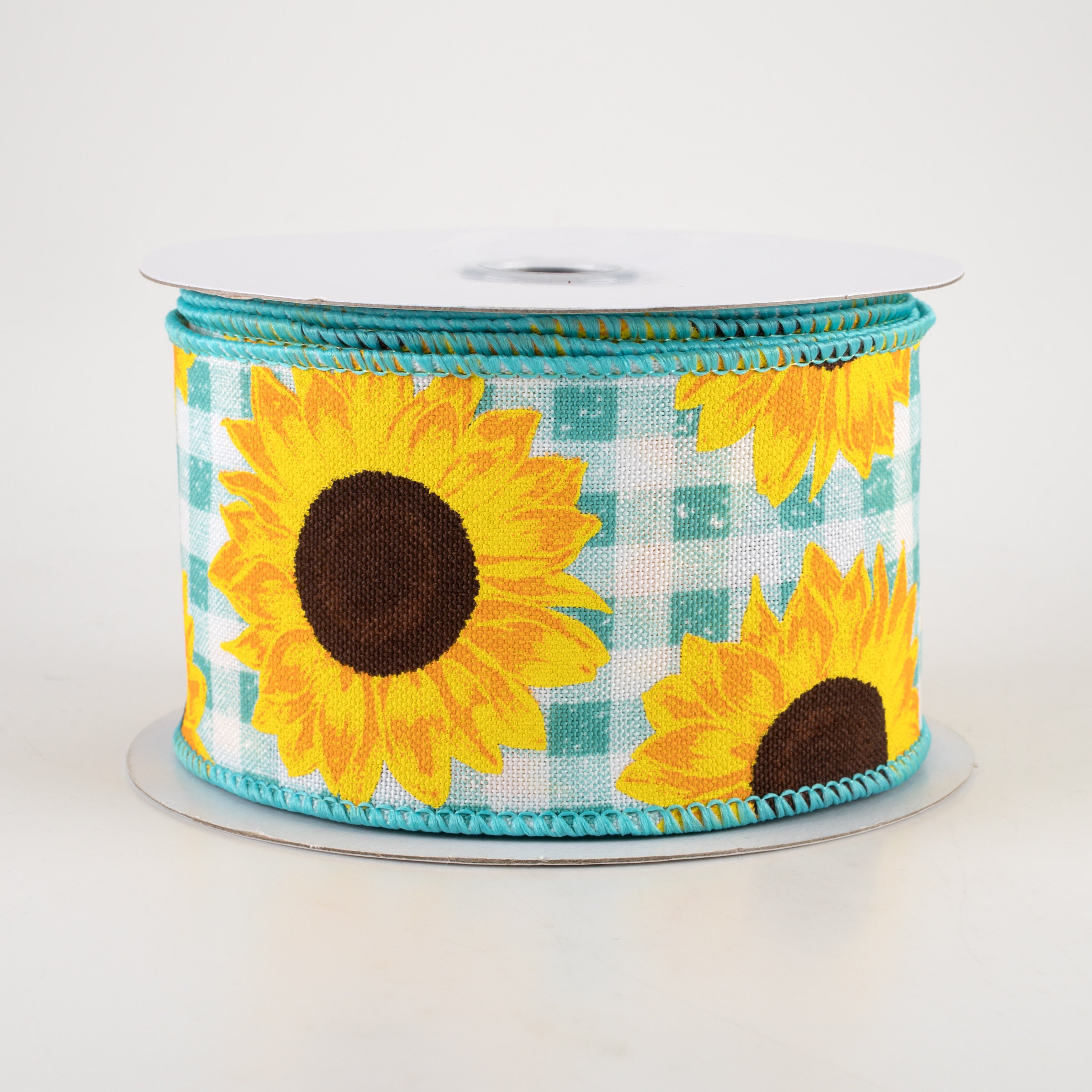 2.5" Sunflowers on Faux Burlap Check Ribbon: Teal & White (10 Yards)