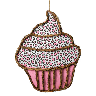 21" Grapevine Hanger: Pink Leopard Cupcake