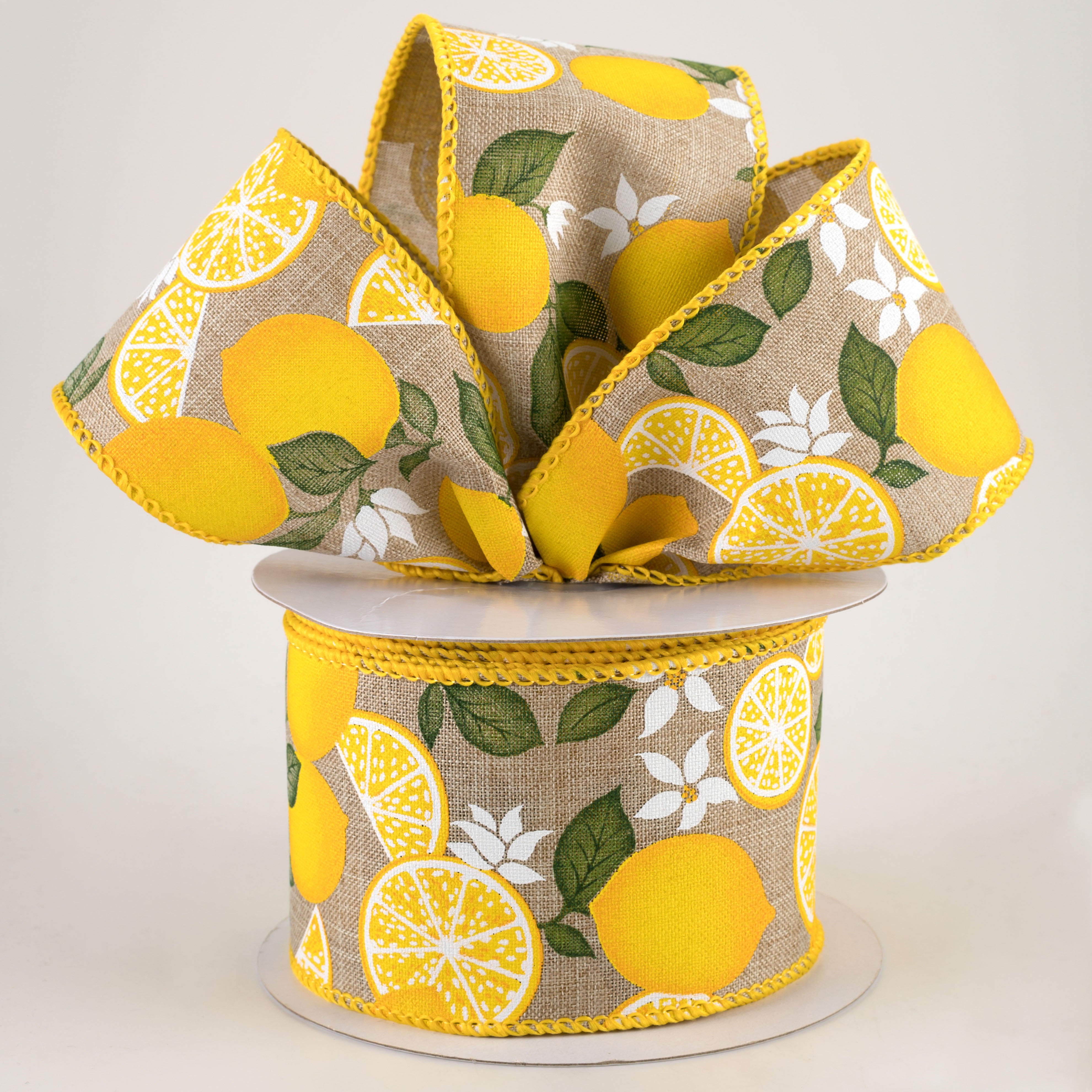 2.5" Lemon With Leaves Flower Ribbon: Natural (10 Yards)