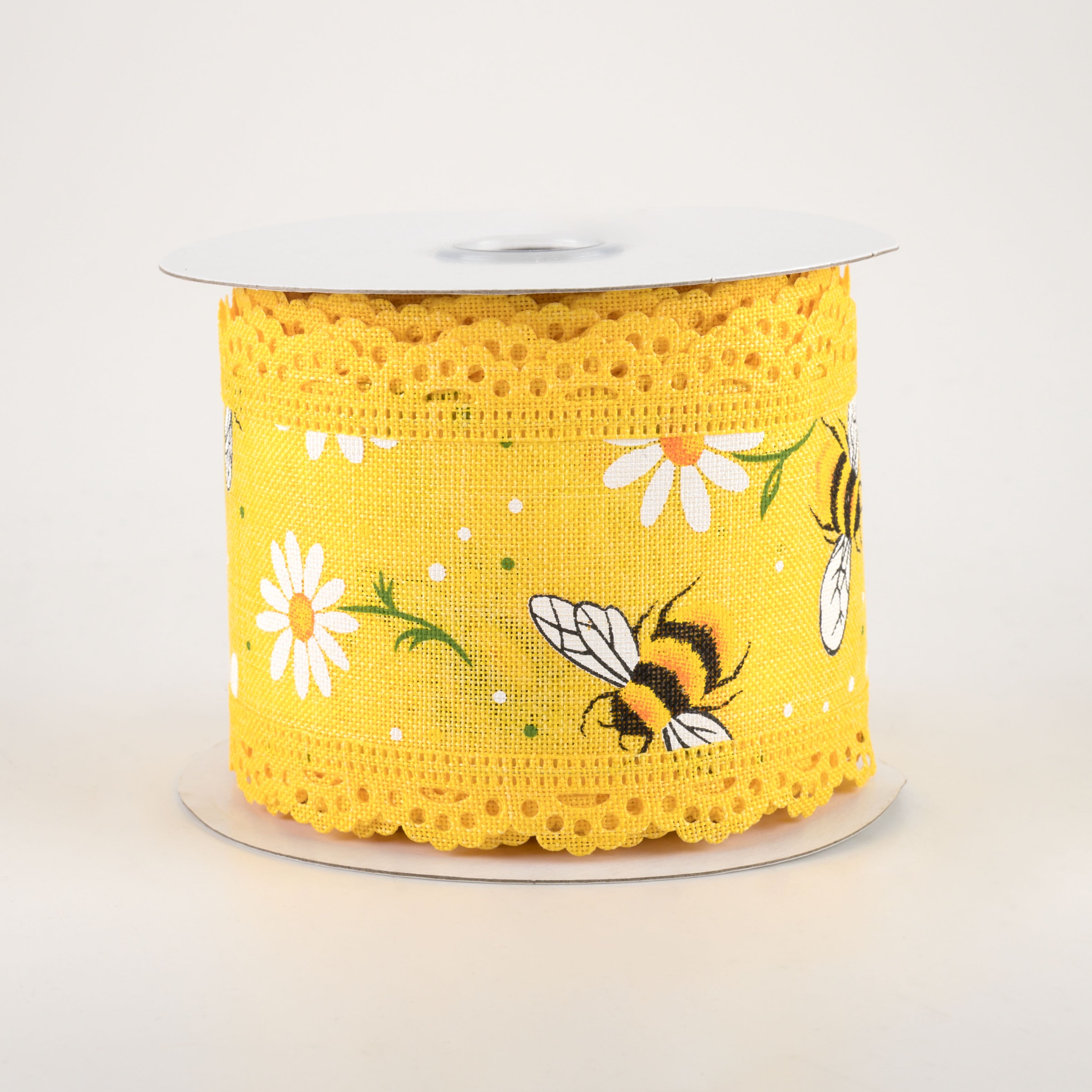 2.5" Bumble Bee & Daisy Lace Edge Ribbon: Yellow (10 Yards)