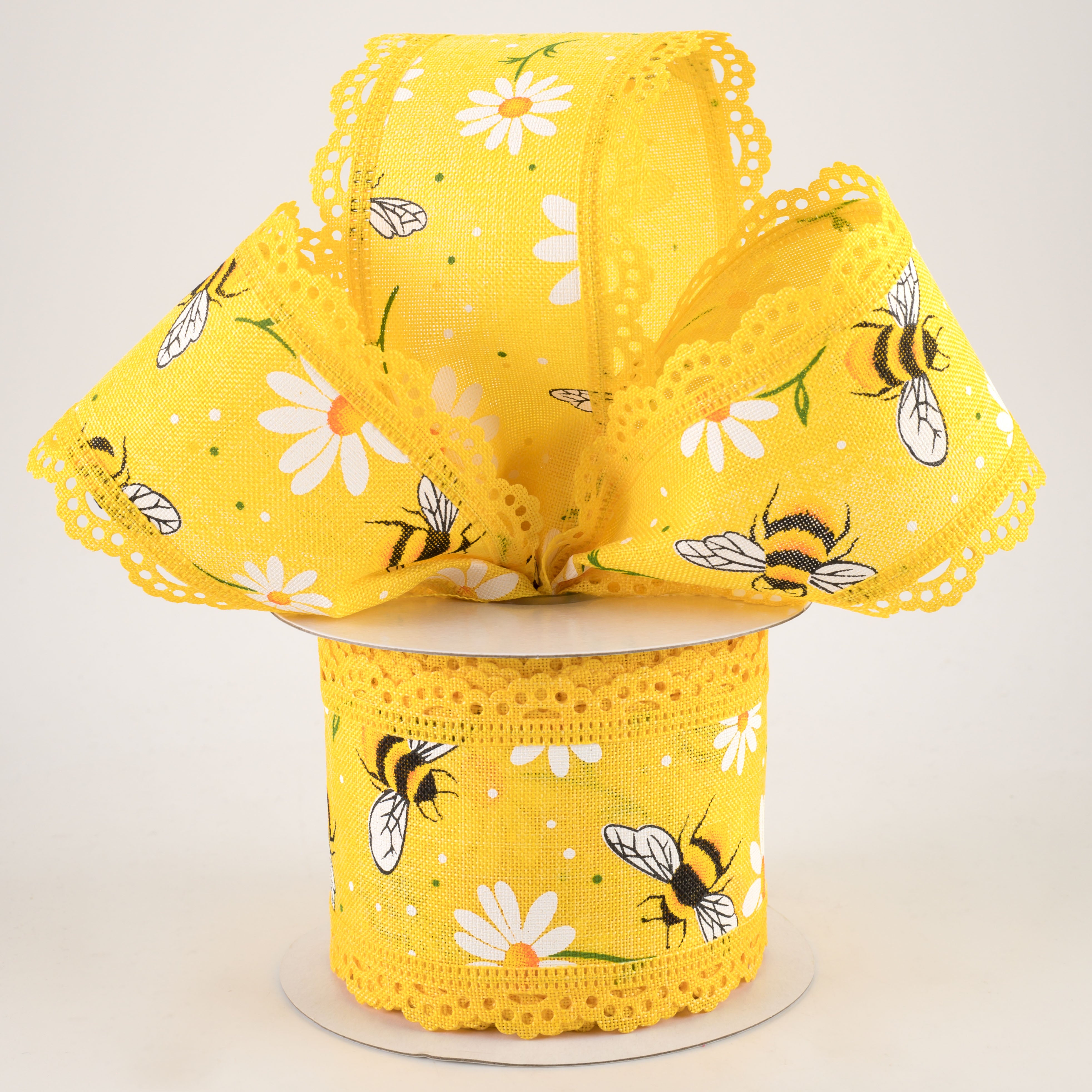 2.5" Bumble Bee & Daisy Lace Edge Ribbon: Yellow (10 Yards)