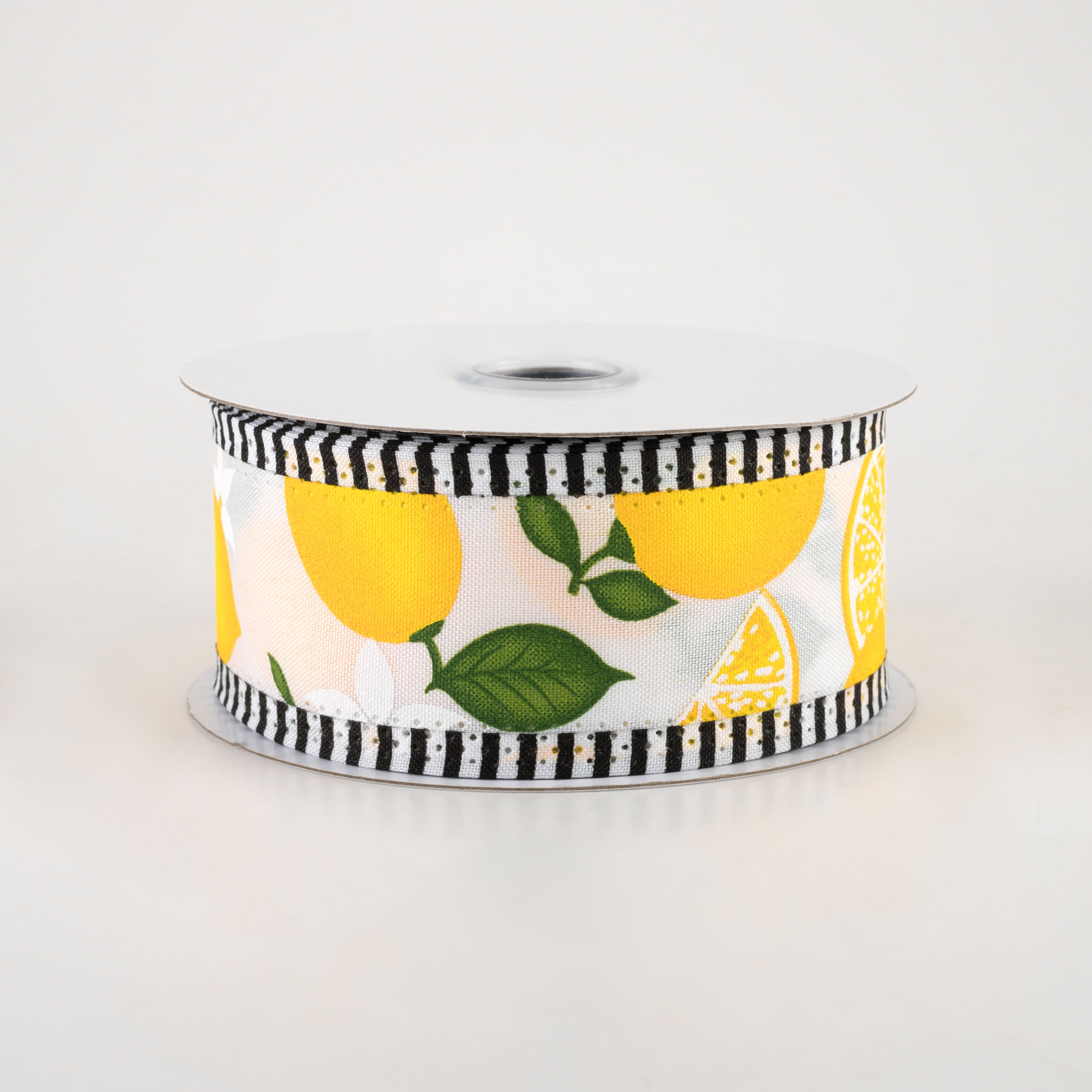 1.5" Thin Stripe Edge Lemon Ribbon: White (10 Yards)