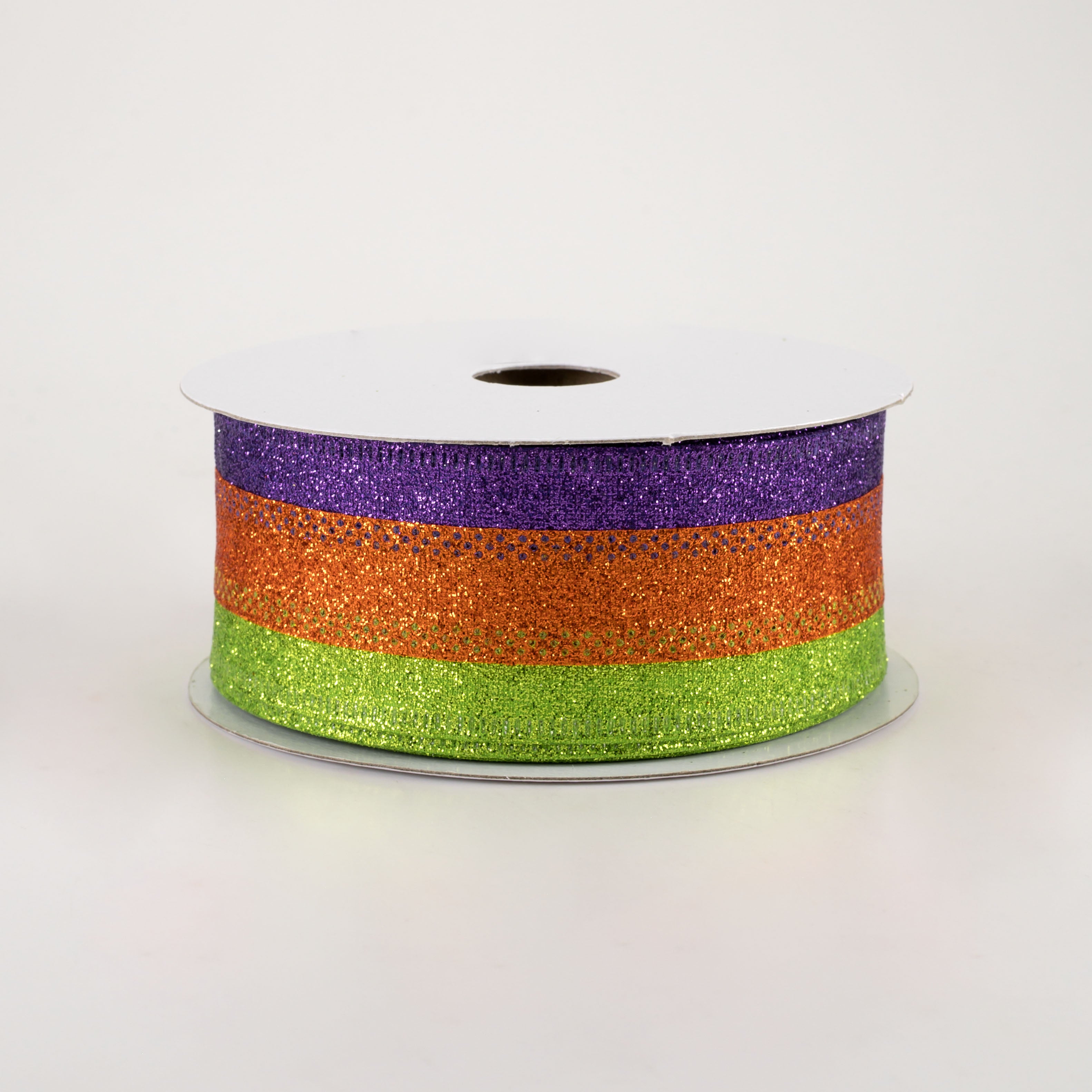 1.5" Shimmer Glitter Stripe Ribbon: Lime, Orange, Purple (10 Yards)